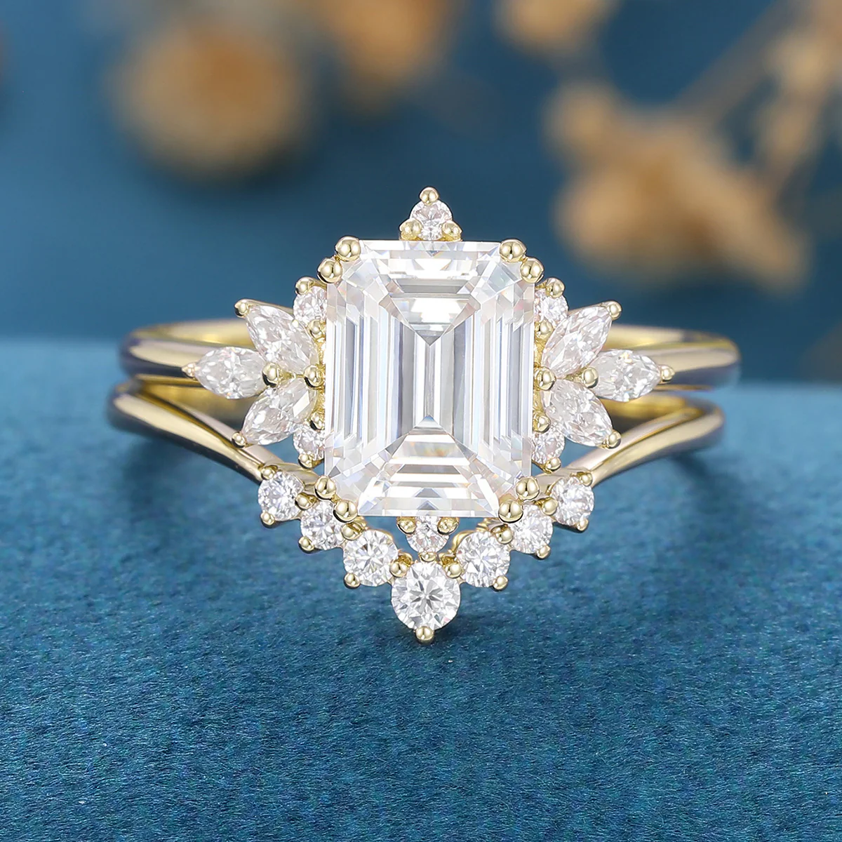 Emerald cut Moissanite Cluster Engagement ring Bridal Set - Image 7