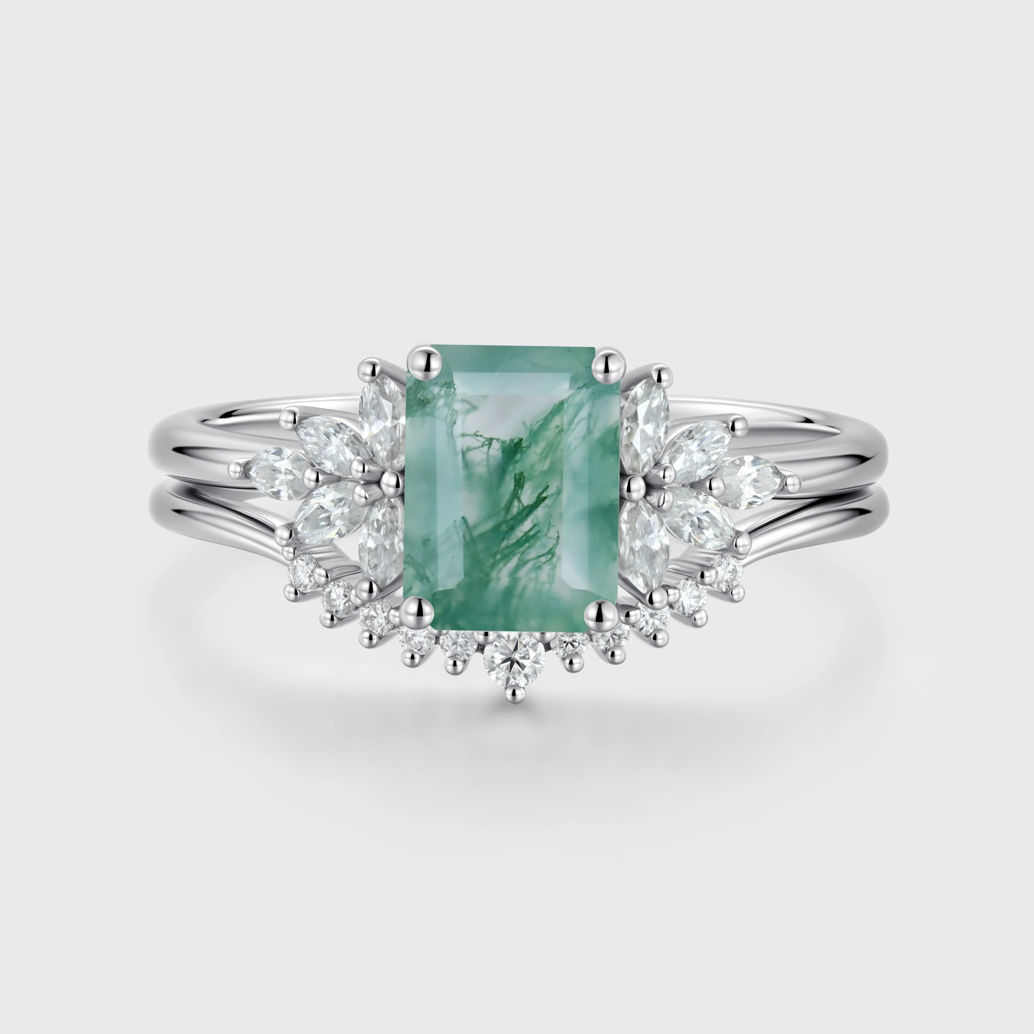 Natural Green Moss Agate 2PCS Emerald cut Cluster Engagement ring Bridal Sets - Image 3