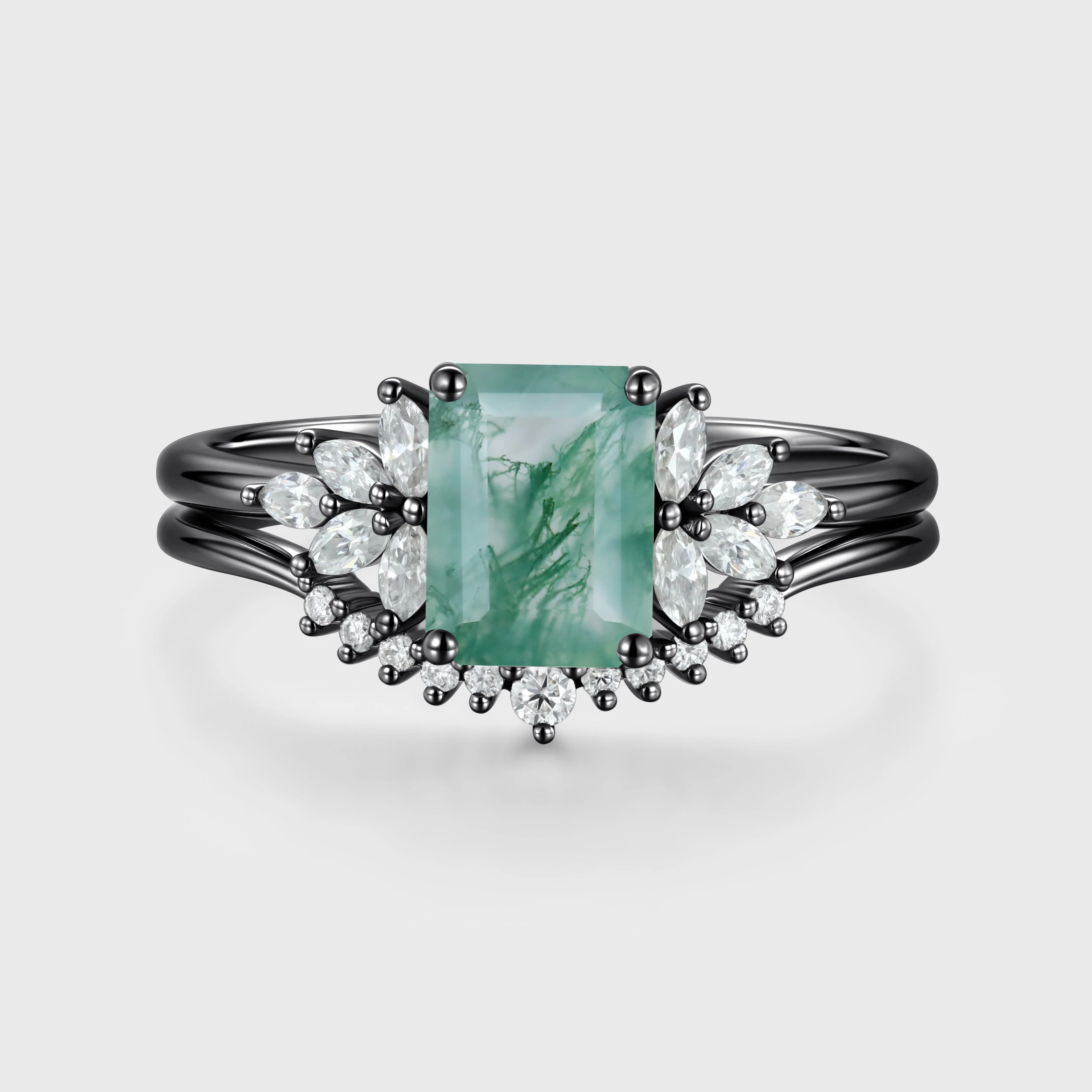 Natural Green Moss Agate 2PCS Emerald cut Cluster Engagement ring Bridal Sets - Image 4