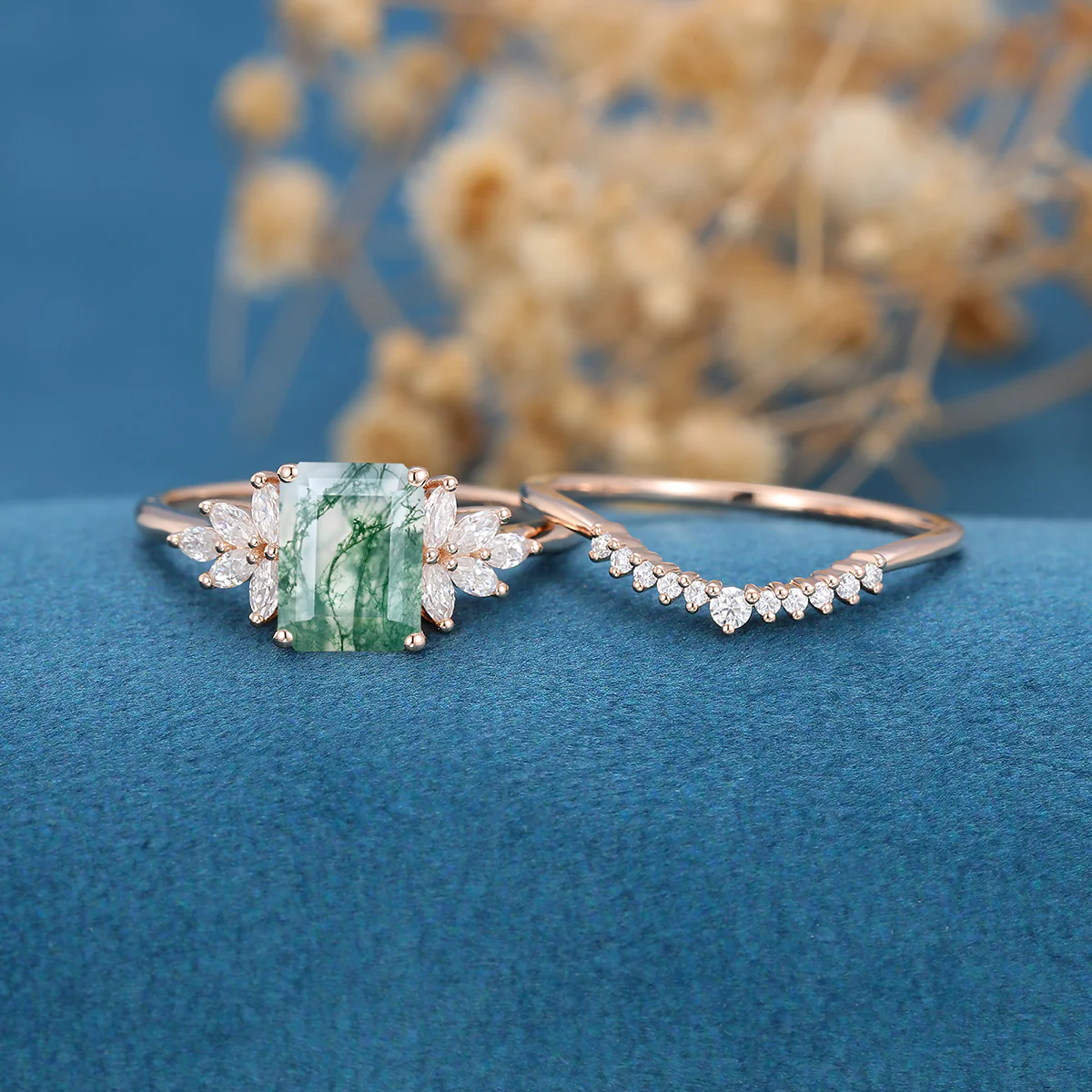 Natural Green Moss Agate 2PCS Emerald cut Cluster Engagement ring Bridal Sets - Image 5