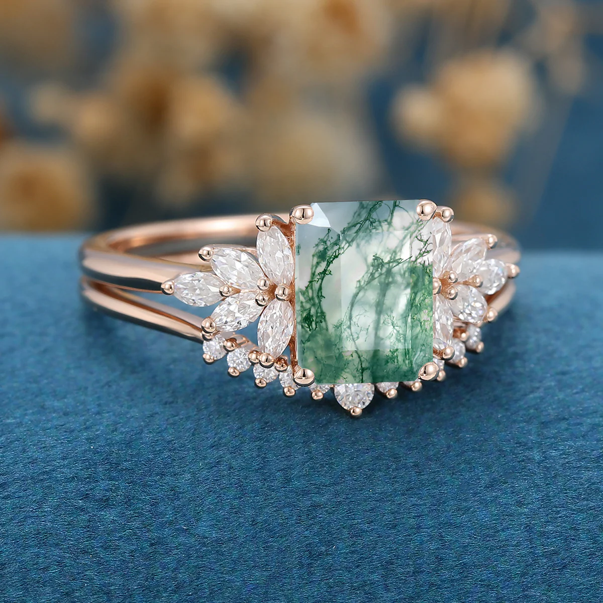 Natural Green Moss Agate 2PCS Emerald cut Cluster Engagement ring Bridal Sets - Image 6