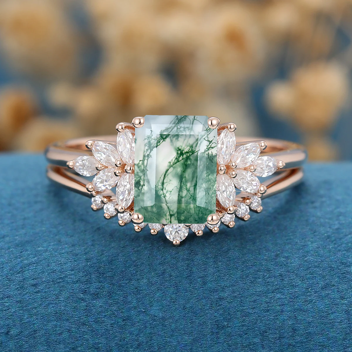 Natural Green Moss Agate 2PCS Emerald cut Cluster Engagement ring Bridal Sets - Image 7