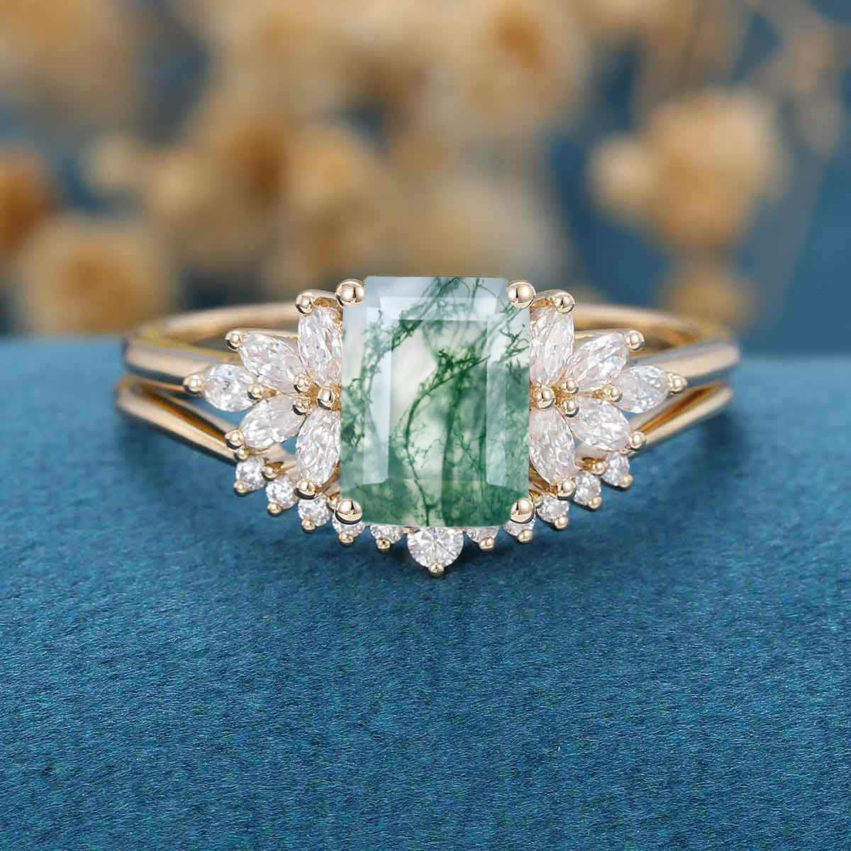 Natural Green Moss Agate 2PCS Emerald cut Cluster Engagement ring Bridal Sets - Image 9