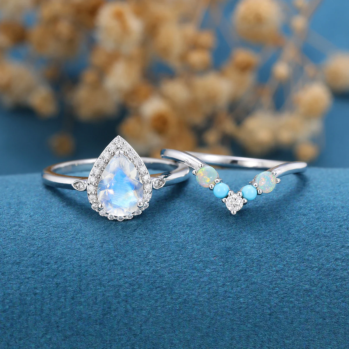 Pear cut Moonstone Halo  Engagement ring Bridal Set - Image 3