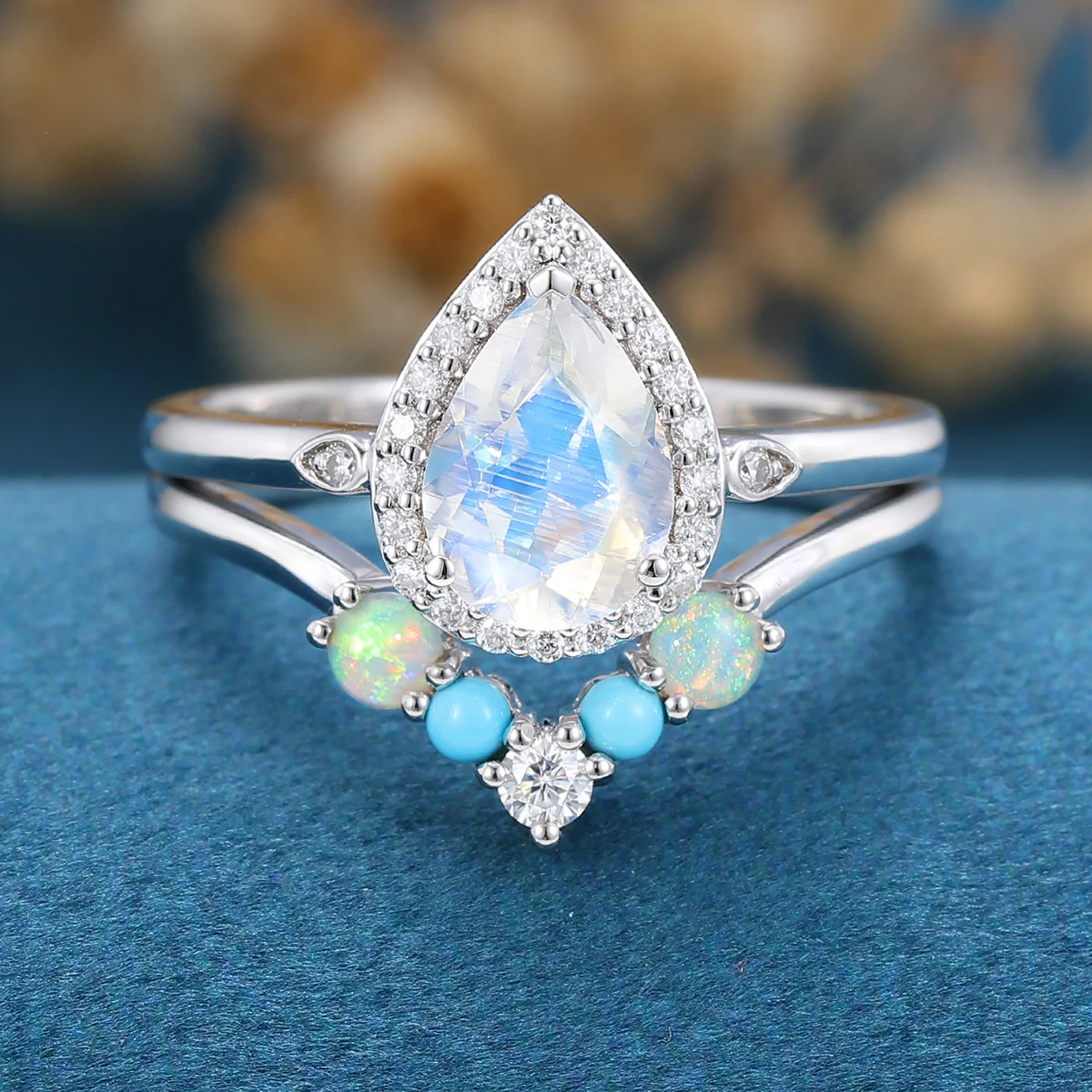 Pear cut Moonstone Halo  Engagement ring Bridal Set - Image 4