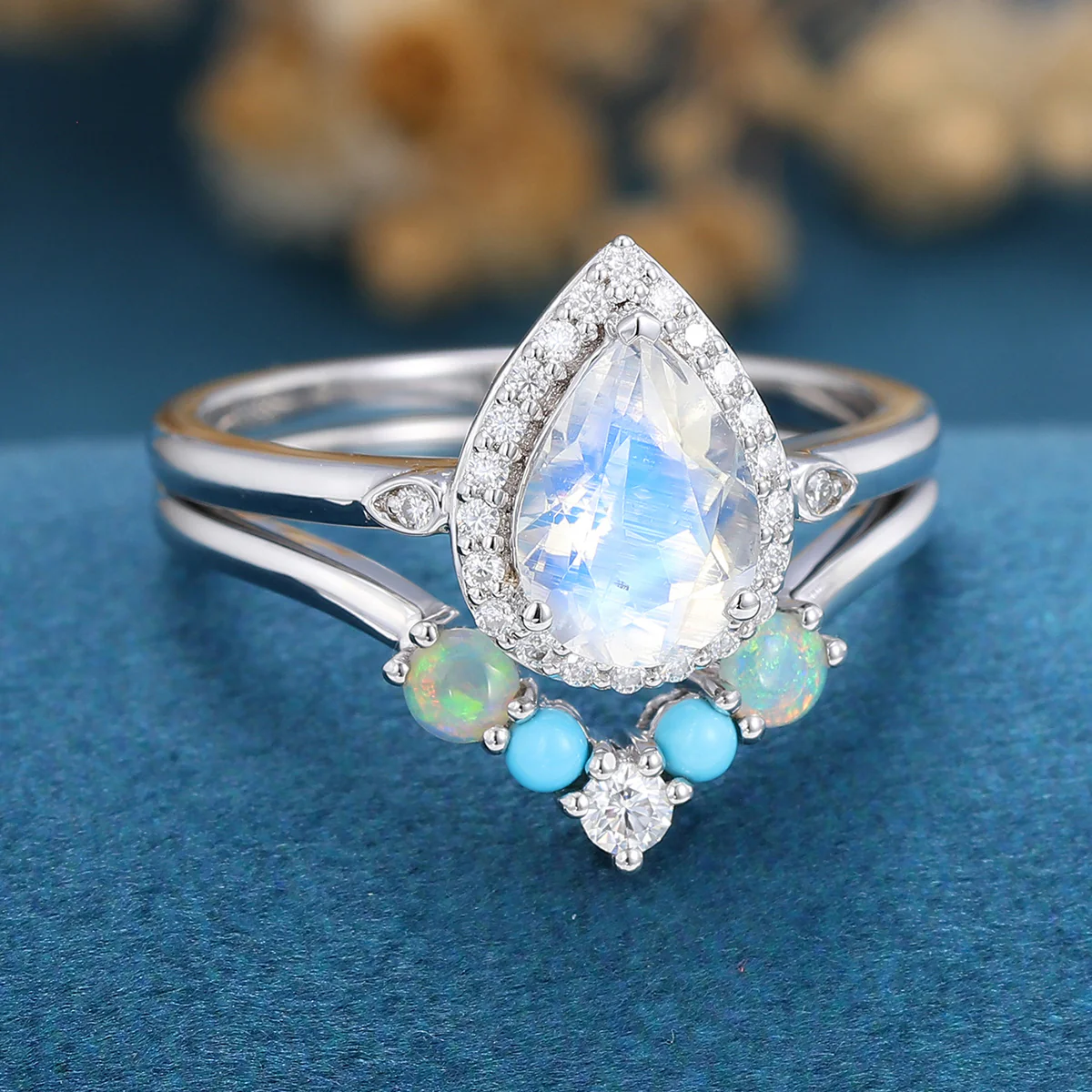 Pear cut Moonstone Halo  Engagement ring Bridal Set - Image 5
