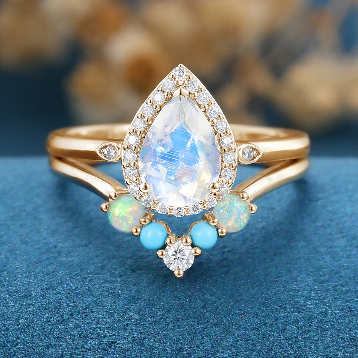 Pear cut Moonstone Halo  Engagement ring Bridal Set - Image 8