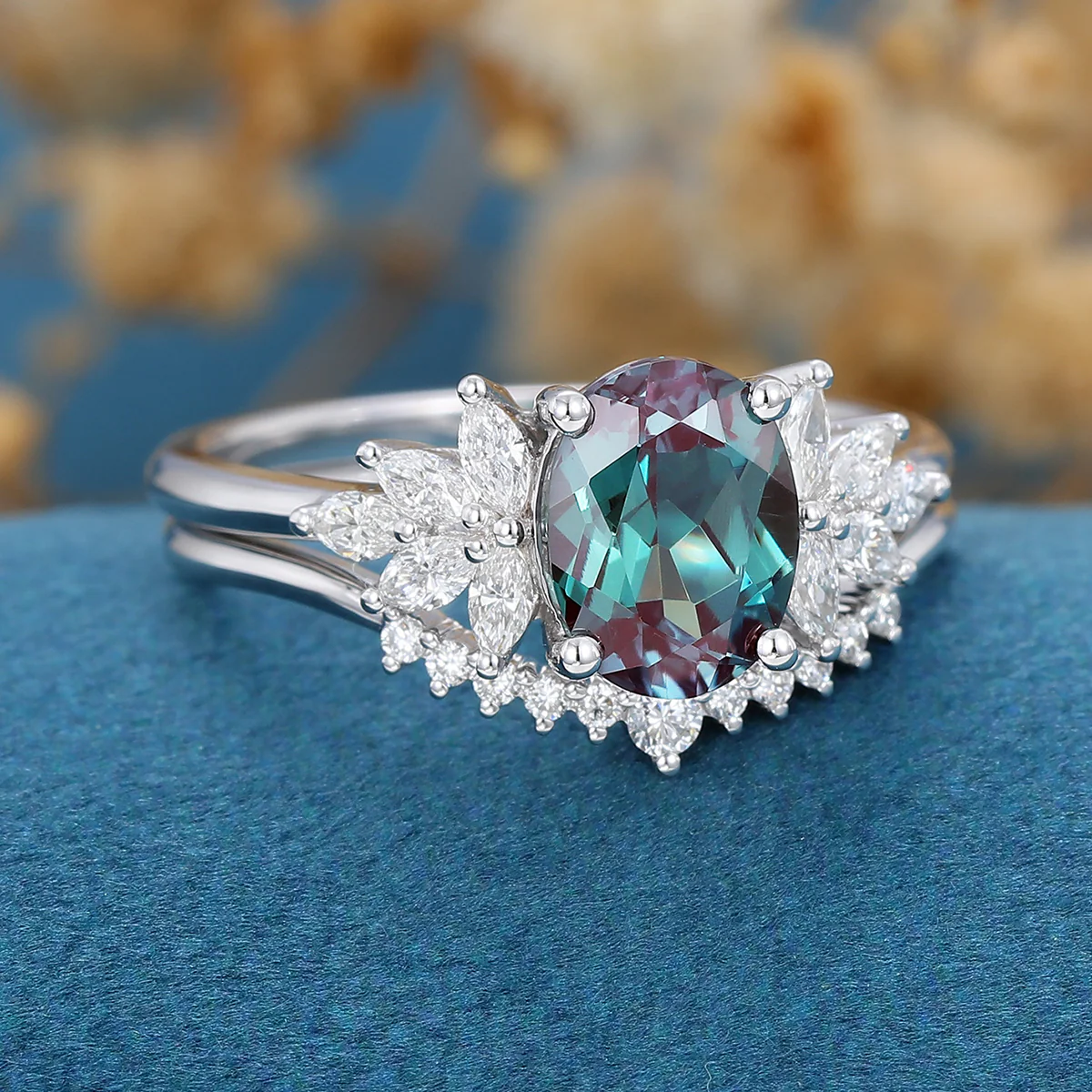 2PCS Oval Alexandrite cluster Engagement ring Bridal Set - Image 5