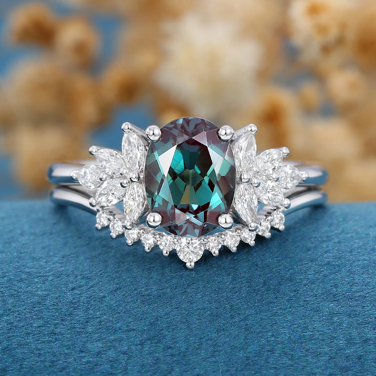 2PCS Oval Alexandrite cluster Engagement ring Bridal Set - Image 6