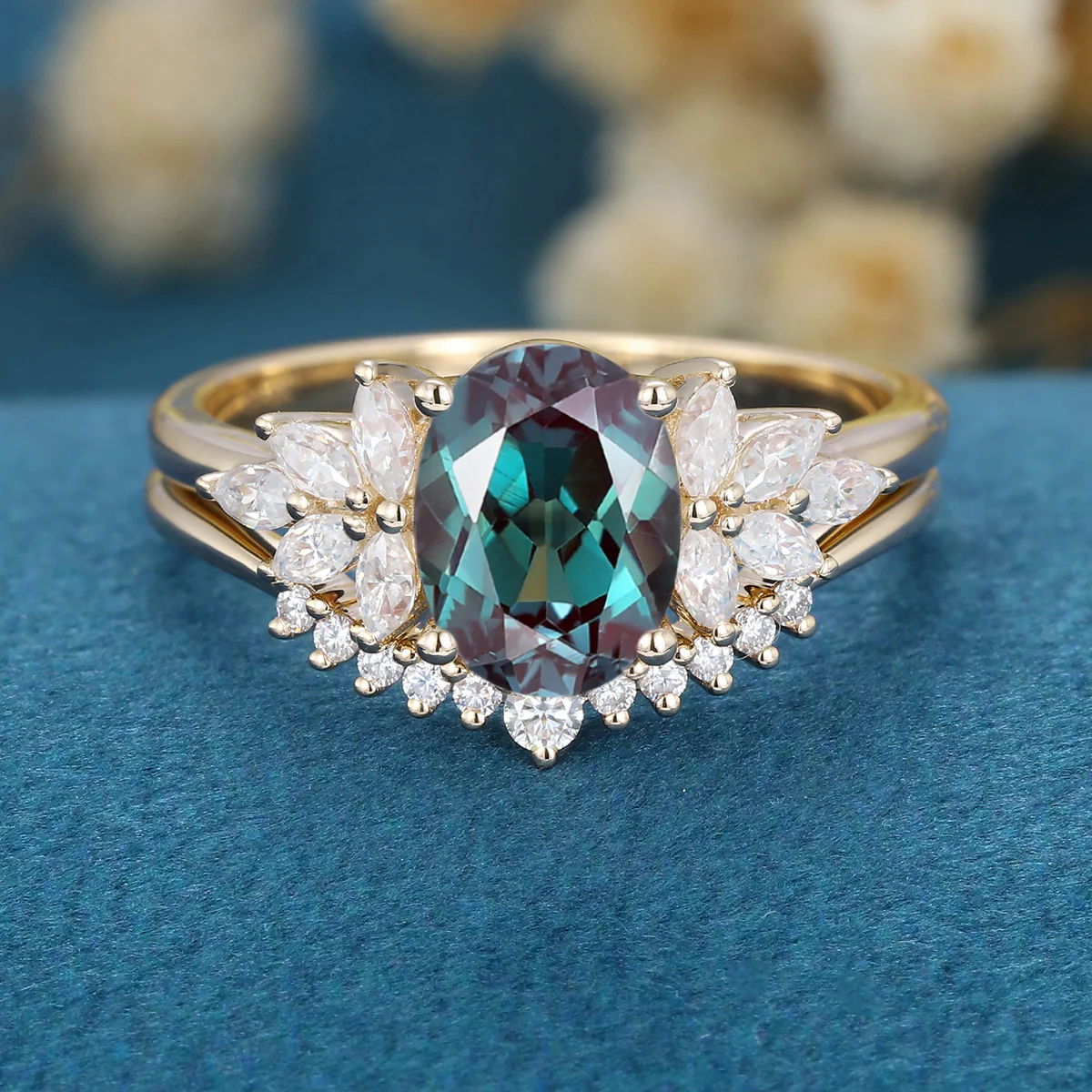 2PCS Oval Alexandrite cluster Engagement ring Bridal Set - Image 7