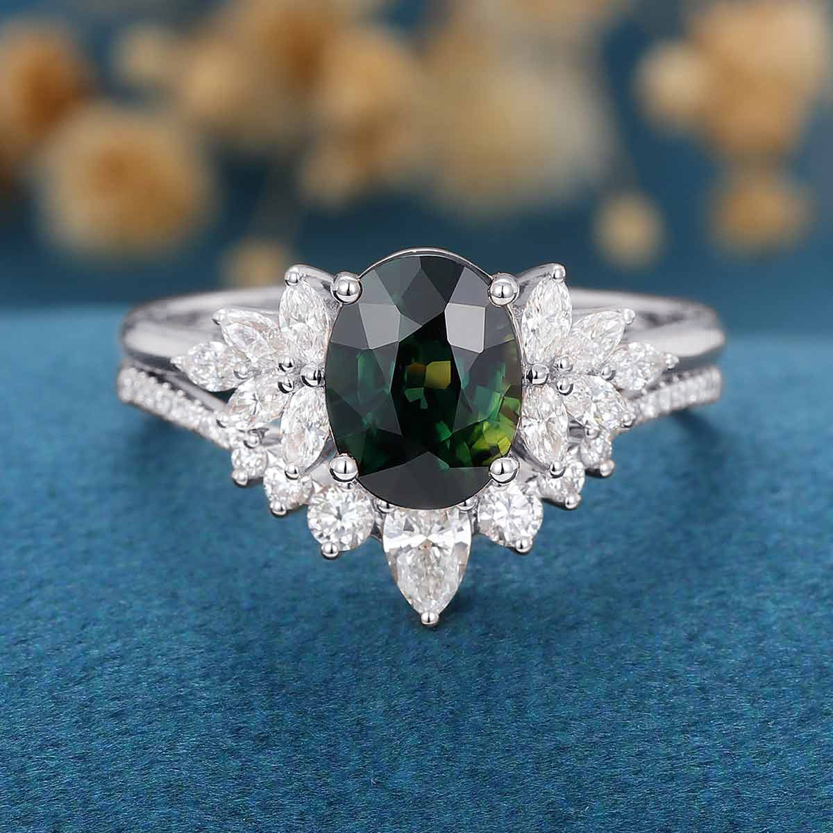 1.5Carat Oval Blue green sapphire Engagement ring Bridal Set - Image 10