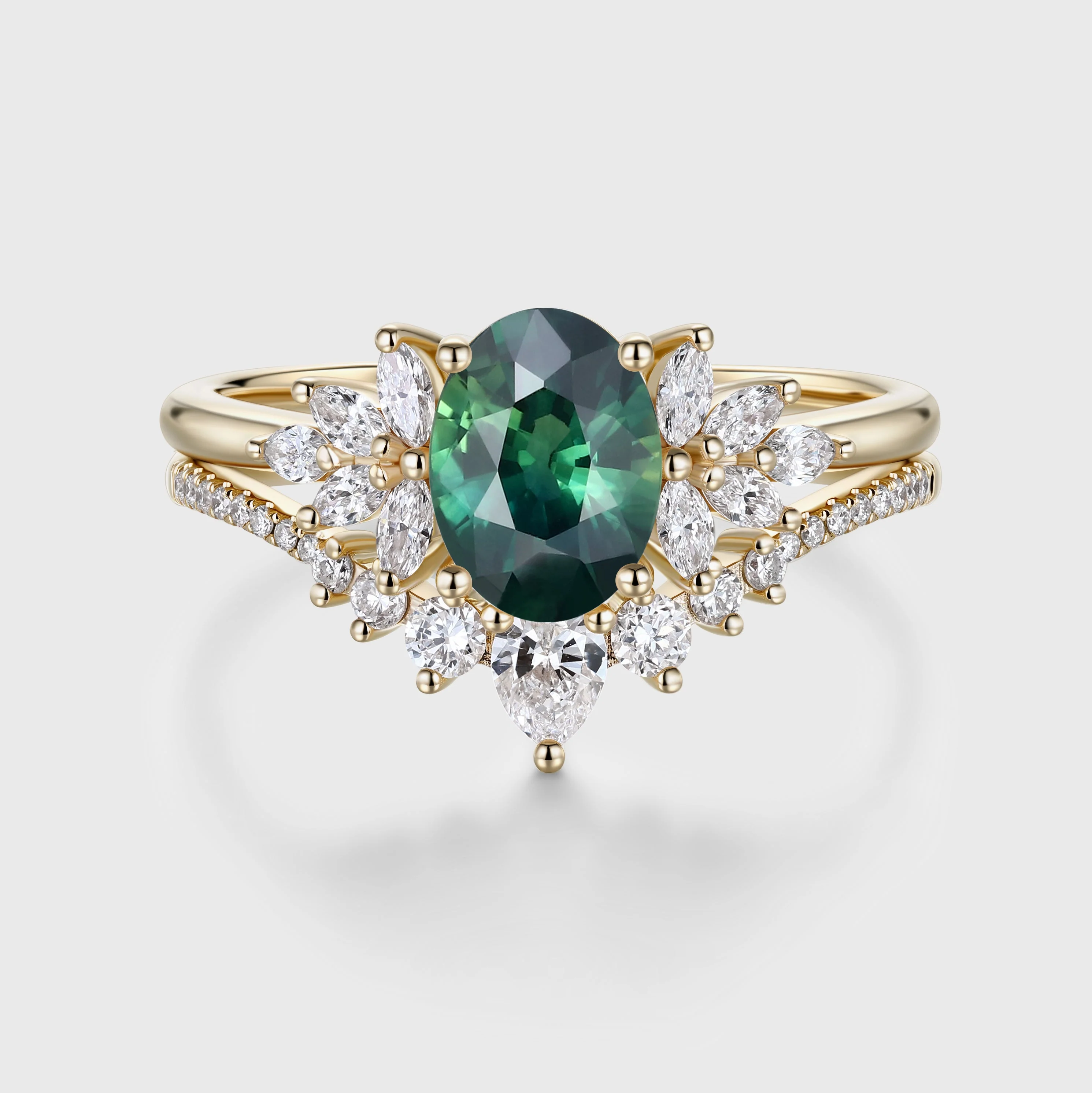 1.5Carat Oval Blue green sapphire Engagement ring Bridal Set - Image 3