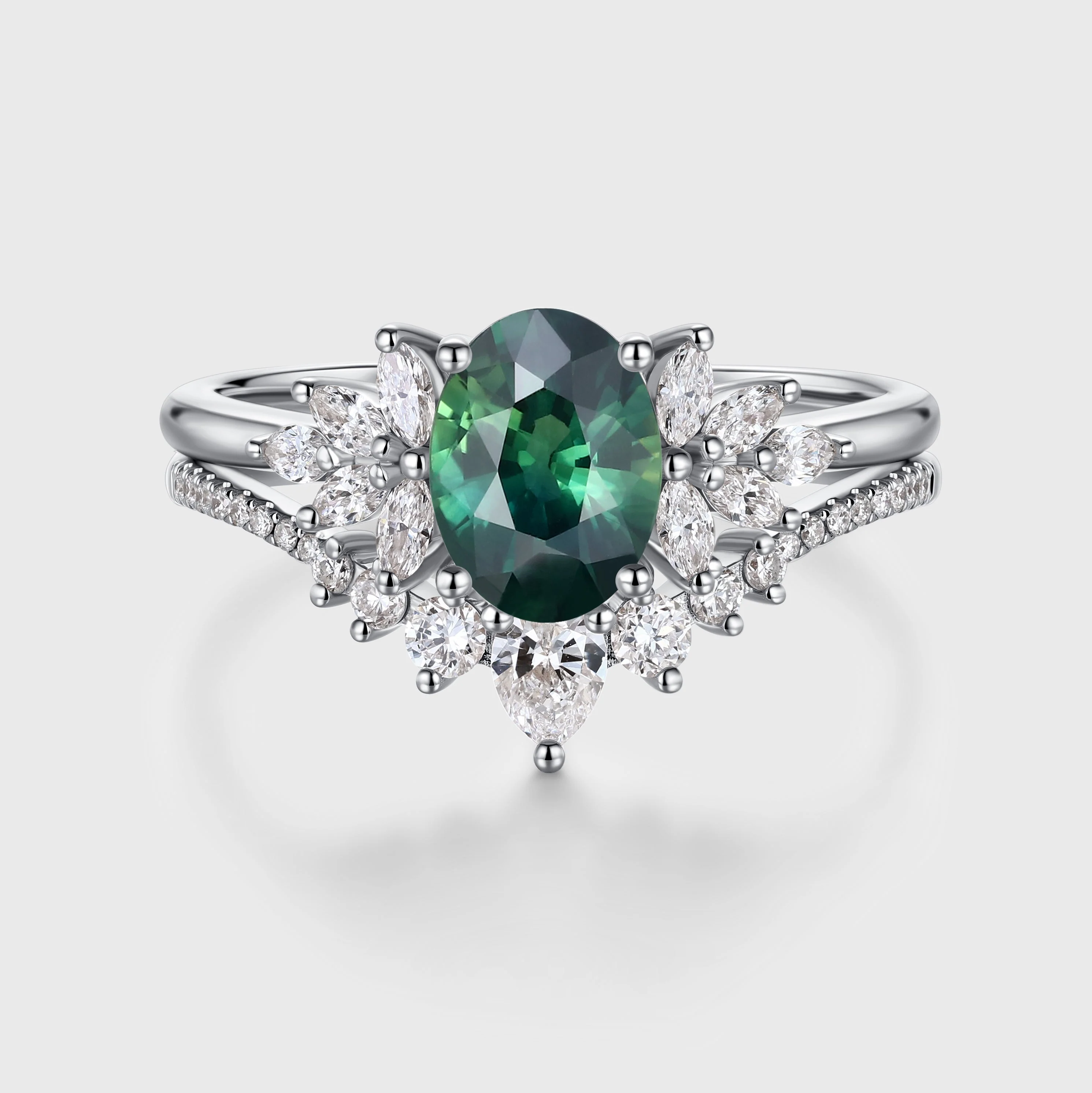 1.5Carat Oval Blue green sapphire Engagement ring Bridal Set - Image 4