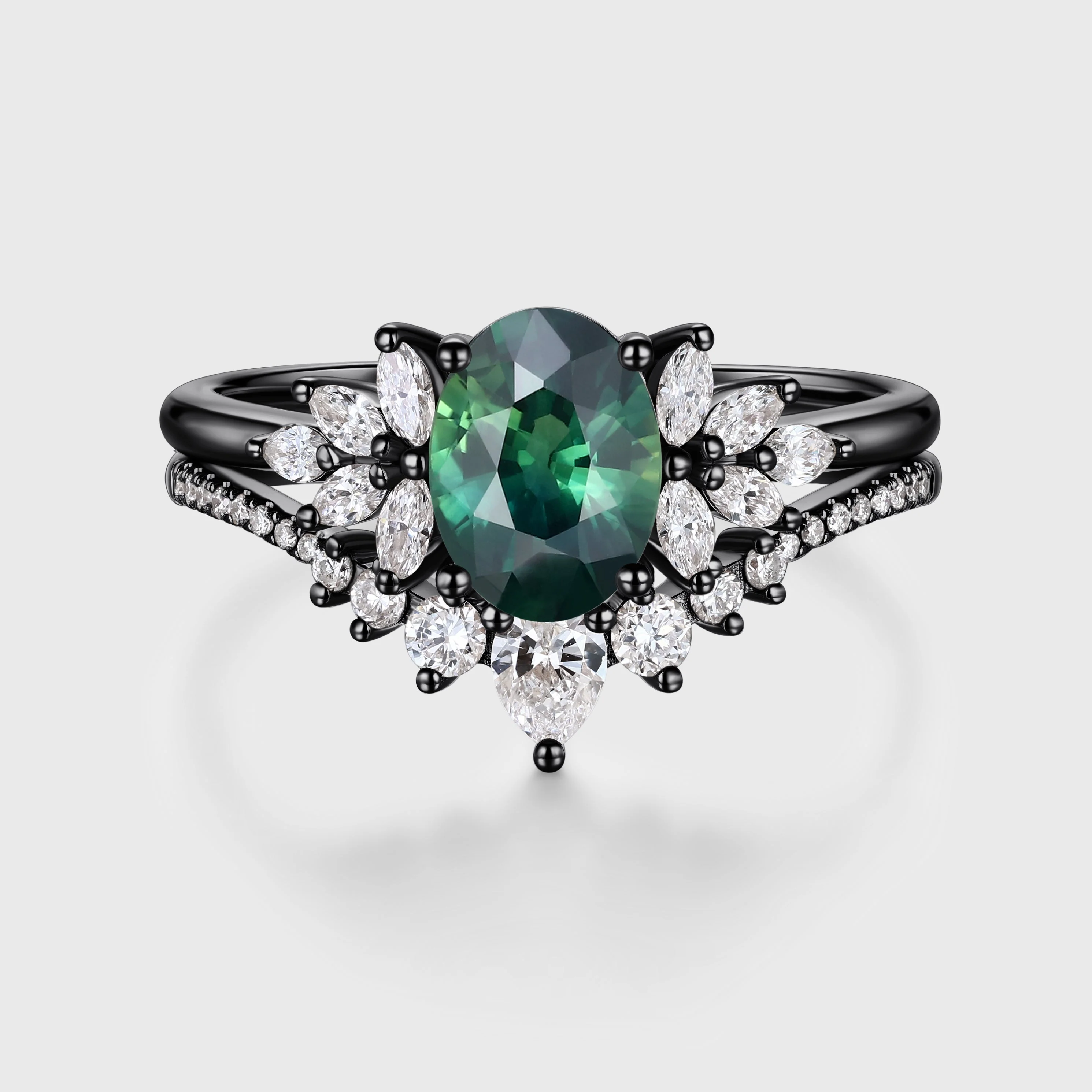 1.5Carat Oval Blue green sapphire Engagement ring Bridal Set - Image 5
