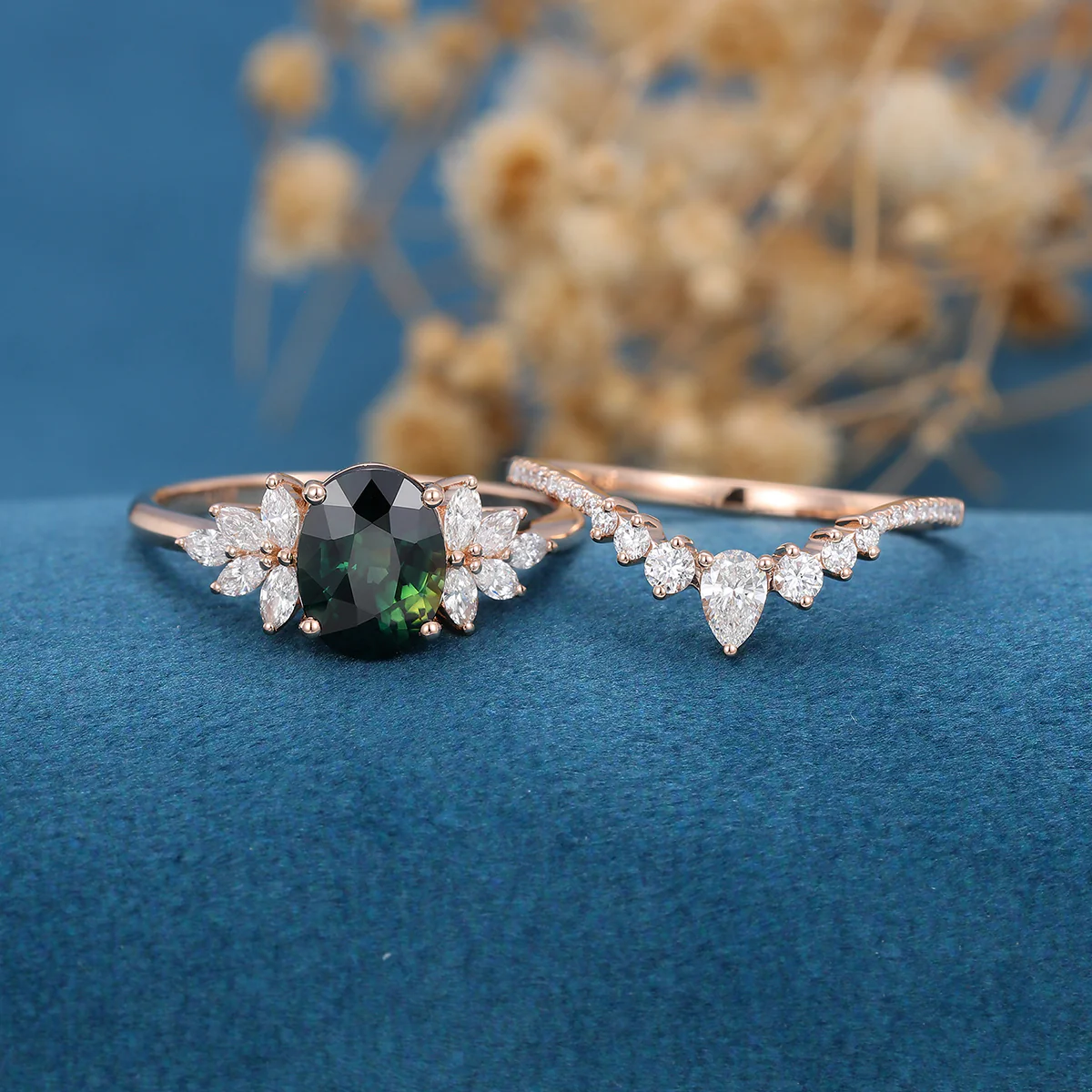 1.5Carat Oval Blue green sapphire Engagement ring Bridal Set - Image 6