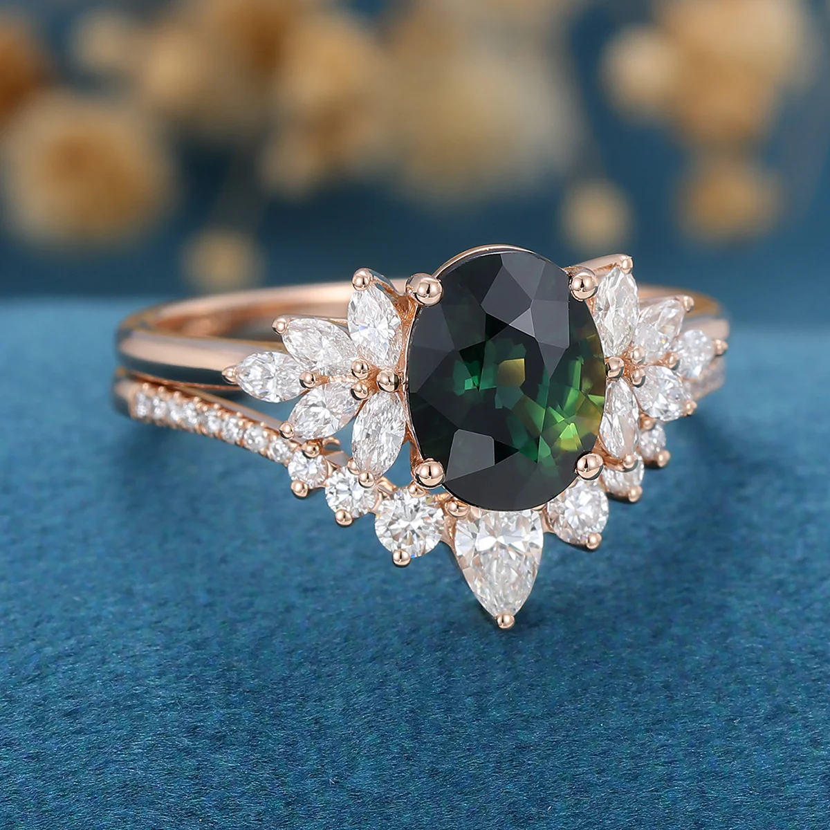 1.5Carat Oval Blue green sapphire Engagement ring Bridal Set - Image 7