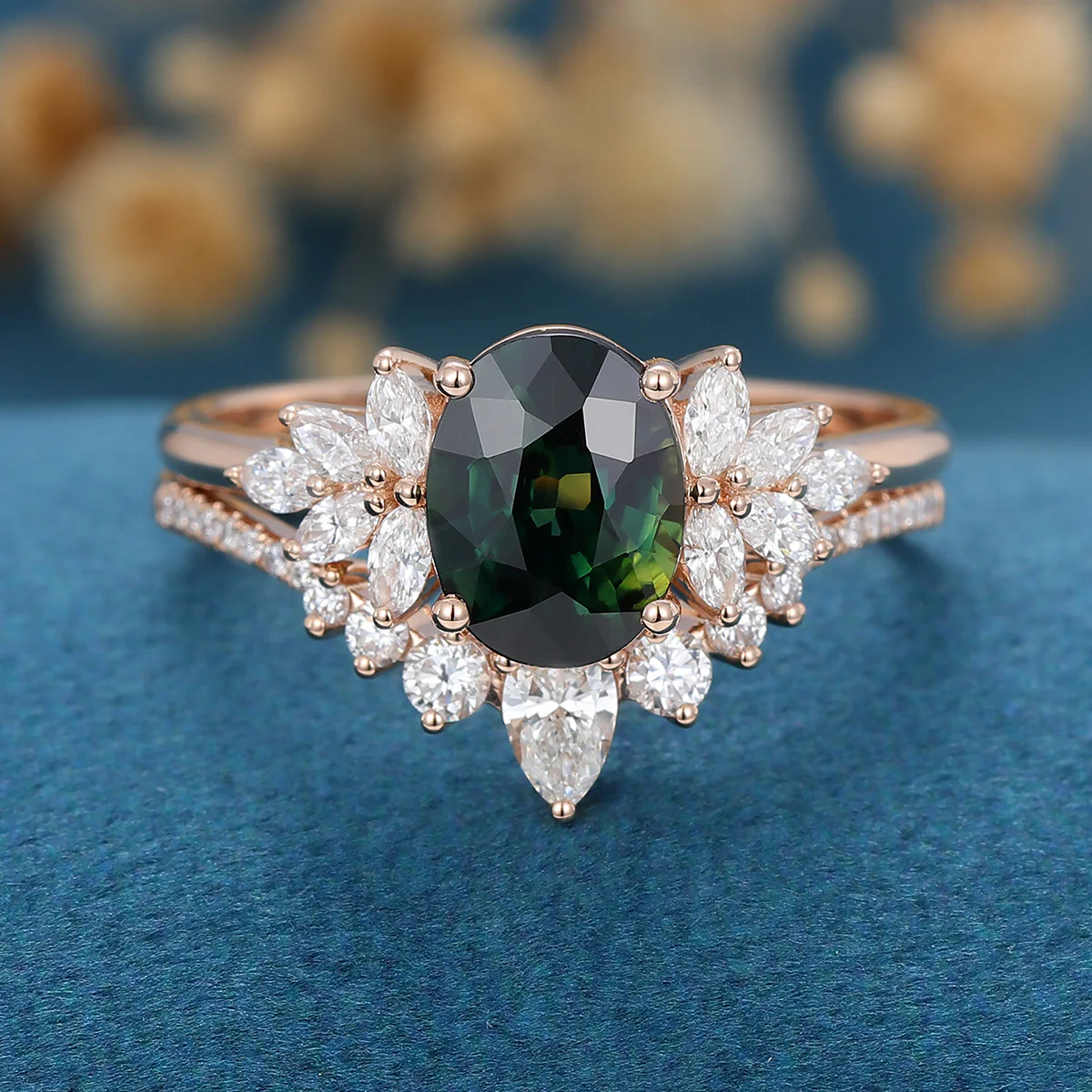 1.5Carat Oval Blue green sapphire Engagement ring Bridal Set - Image 8