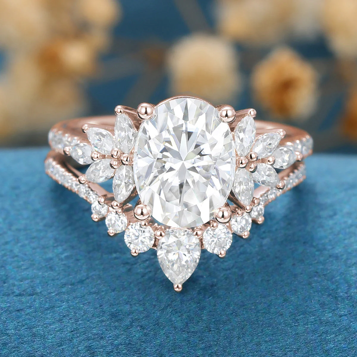 Oval cut Cluster Moissanite engagement ring set vintage - Image 5