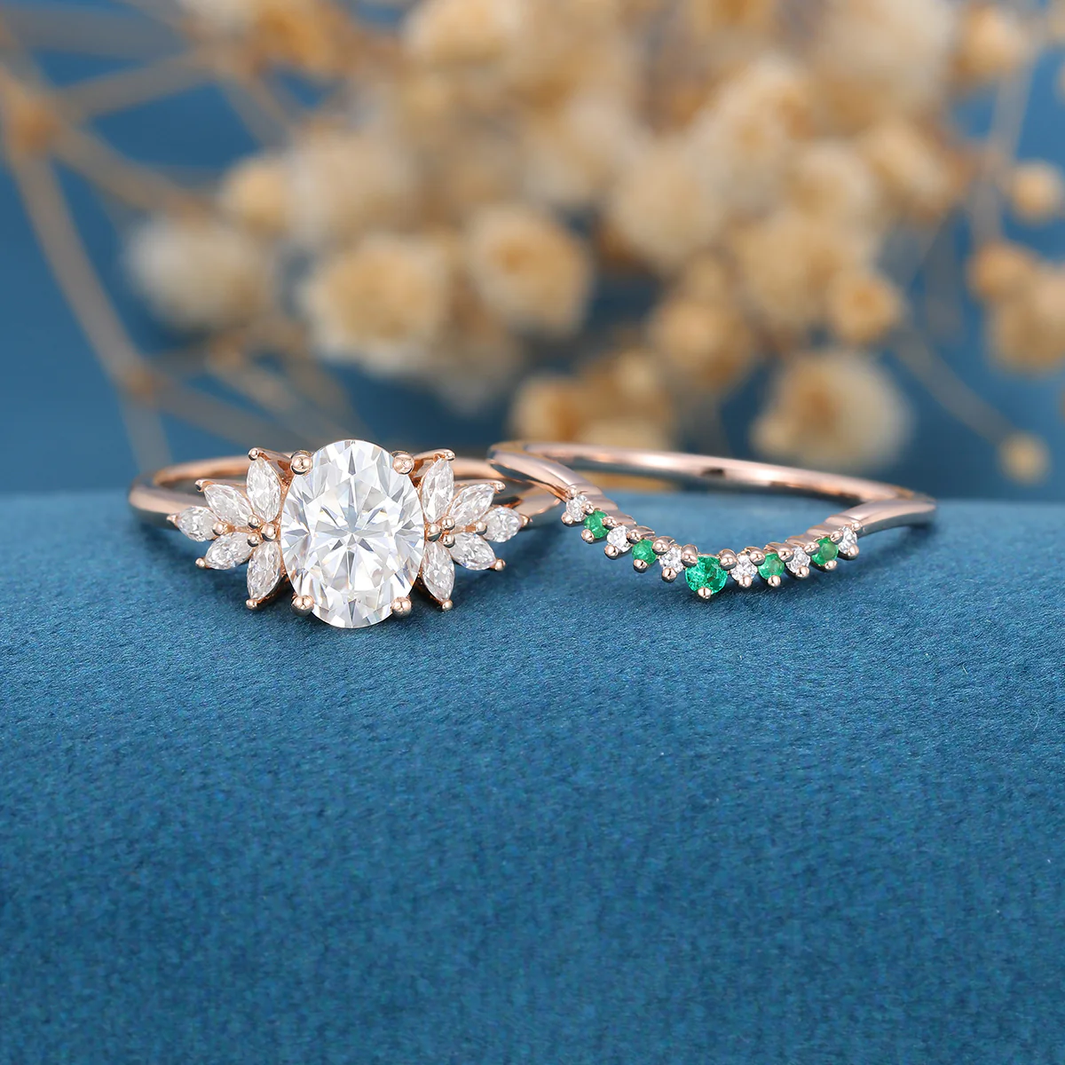 2PCS Oval cut Moissanite Cluster Engagement ring Bridal Set - Image 3