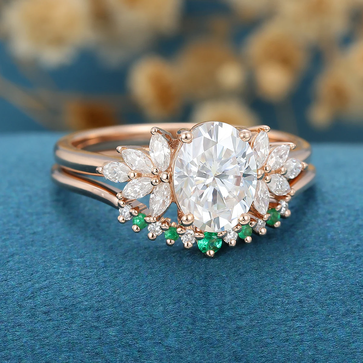 2PCS Oval cut Moissanite Cluster Engagement ring Bridal Set - Image 5