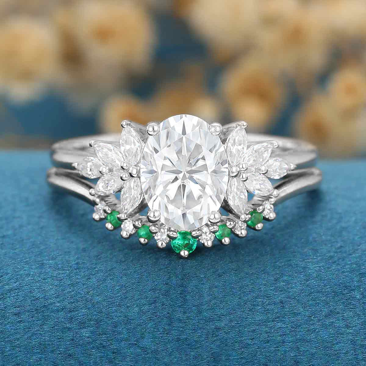 2PCS Oval cut Moissanite Cluster Engagement ring Bridal Set - Image 6