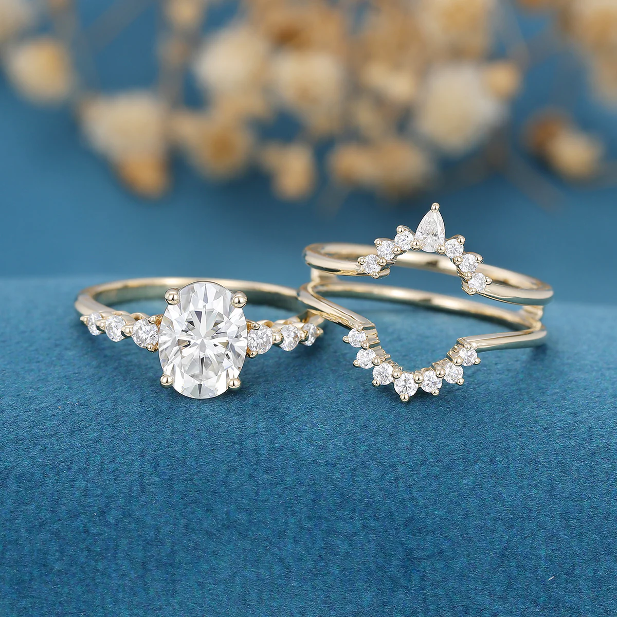 2PCS 1.5 Carat Oval cut Moissanite Engagement ring Bridal Set - Image 5