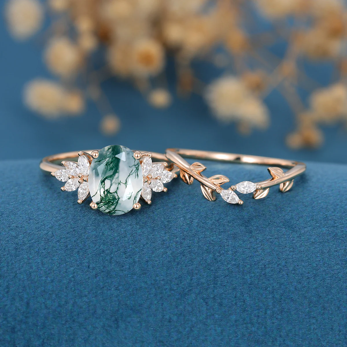 Natural Green Moss Agate 2PCS Oval Cluster Engagement Ring Bridal Sets - Image 3