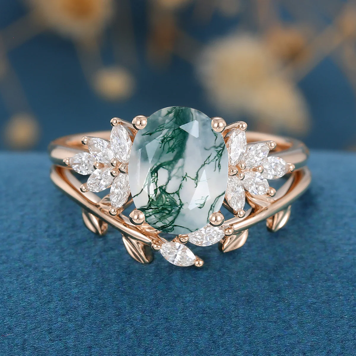 Natural Green Moss Agate 2PCS Oval Cluster Engagement Ring Bridal Sets - Image 4