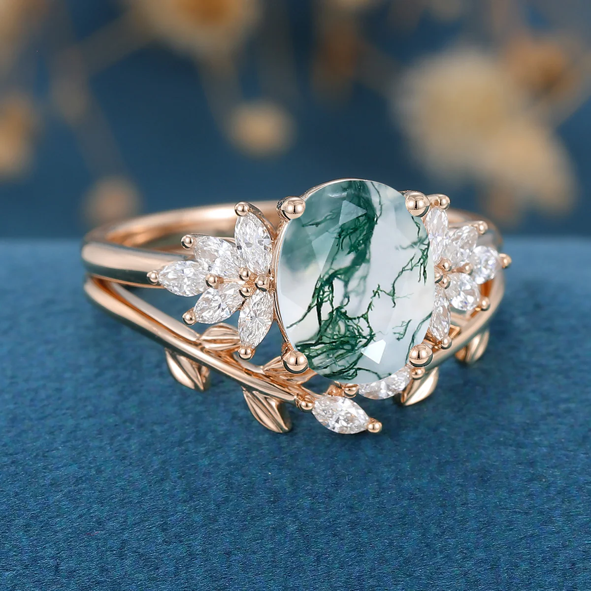 Natural Green Moss Agate 2PCS Oval Cluster Engagement Ring Bridal Sets - Image 5