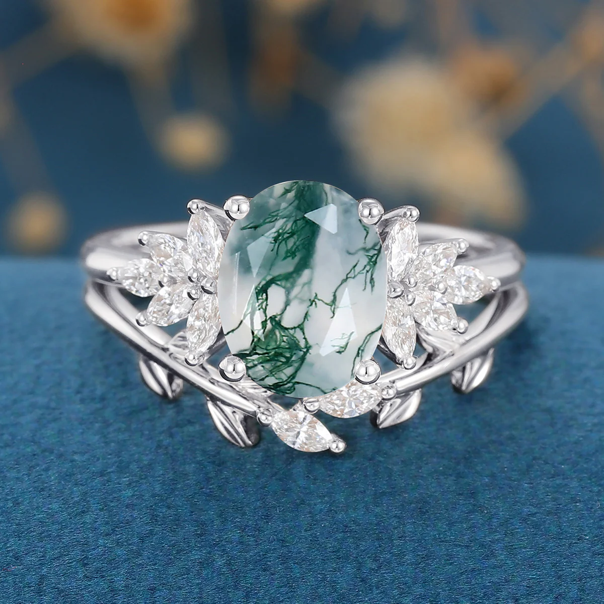 Natural Green Moss Agate 2PCS Oval Cluster Engagement Ring Bridal Sets - Image 7