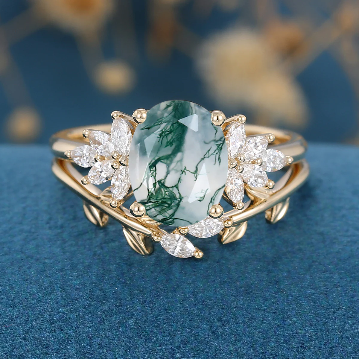 Natural Green Moss Agate 2PCS Oval Cluster Engagement Ring Bridal Sets - Image 8