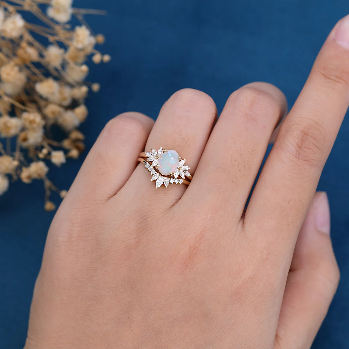 1.0Carat Oval Opal Cluster Engagement Bridal Set - Image 3