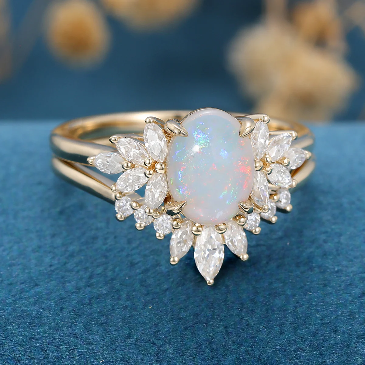 1.0Carat Oval Opal Cluster Engagement Bridal Set - Image 4