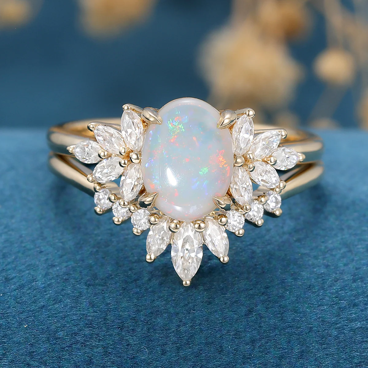 1.0Carat Oval Opal Cluster Engagement Bridal Set - Image 5