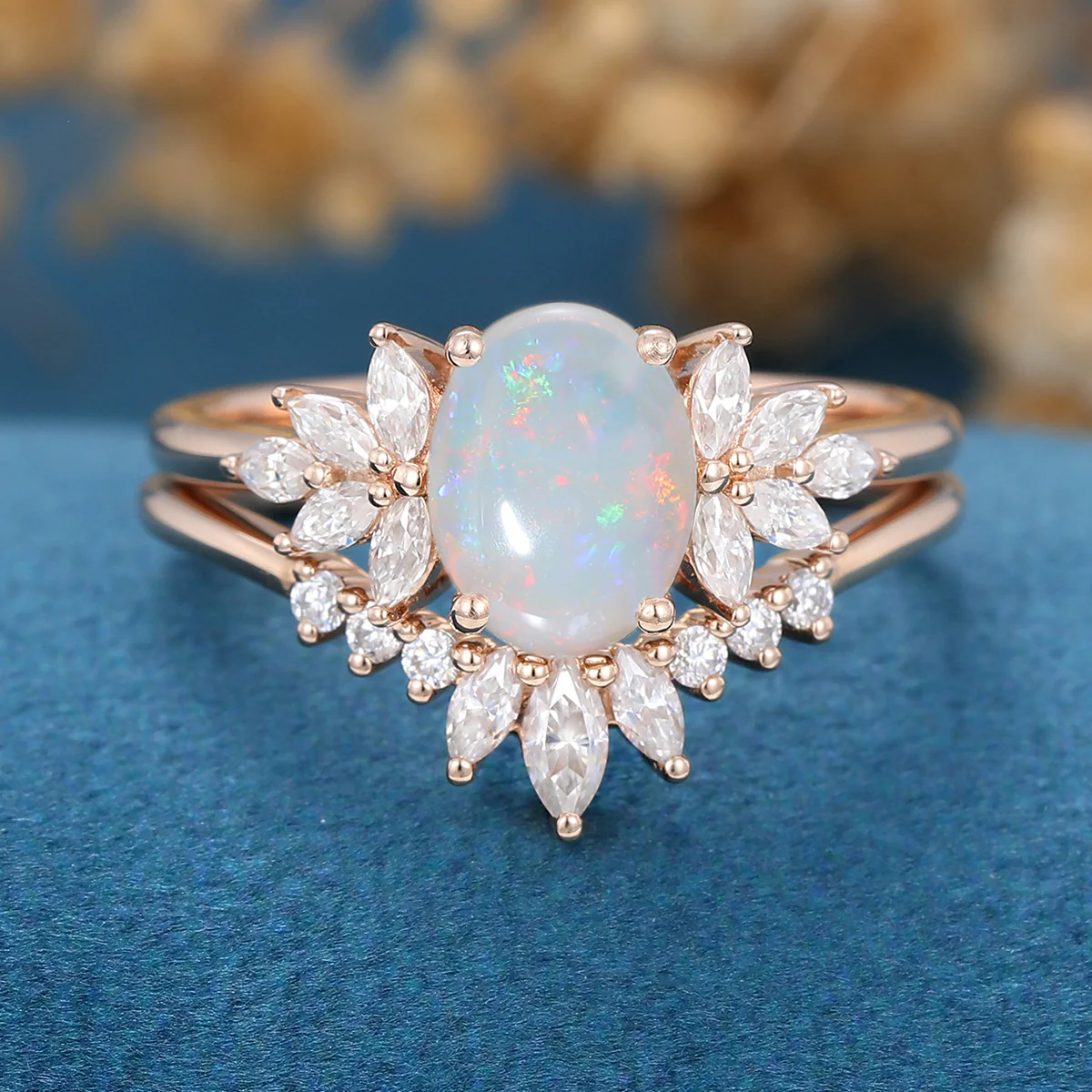 1.0Carat Oval Opal Cluster Engagement Bridal Set - Image 8