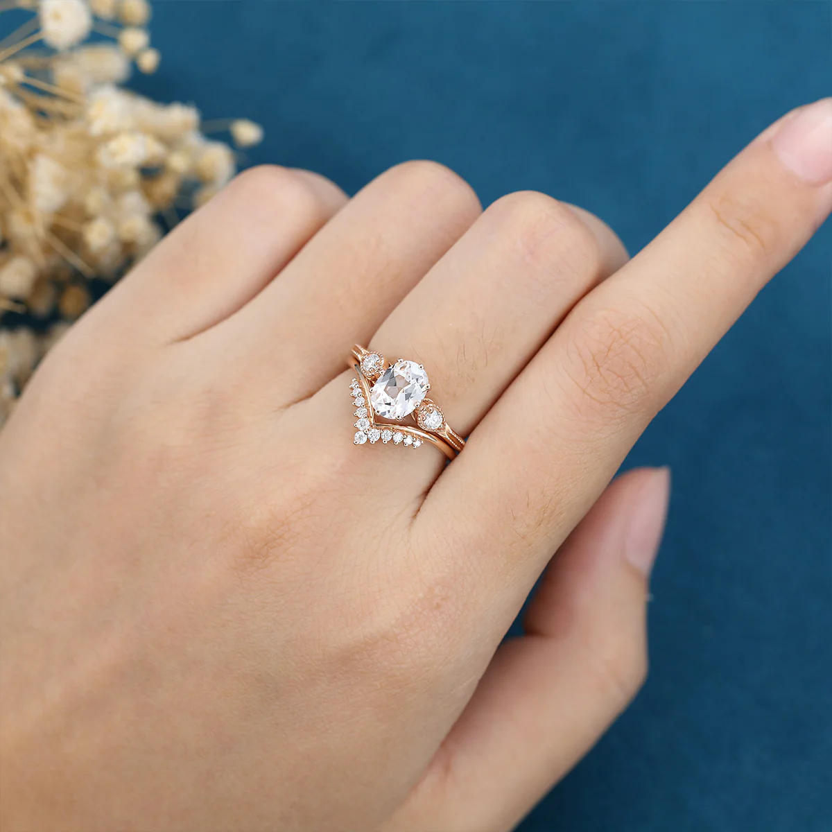 1.4Carat Oval cut Moissanite Cluster Engagement ring Bridal Set - Image 3