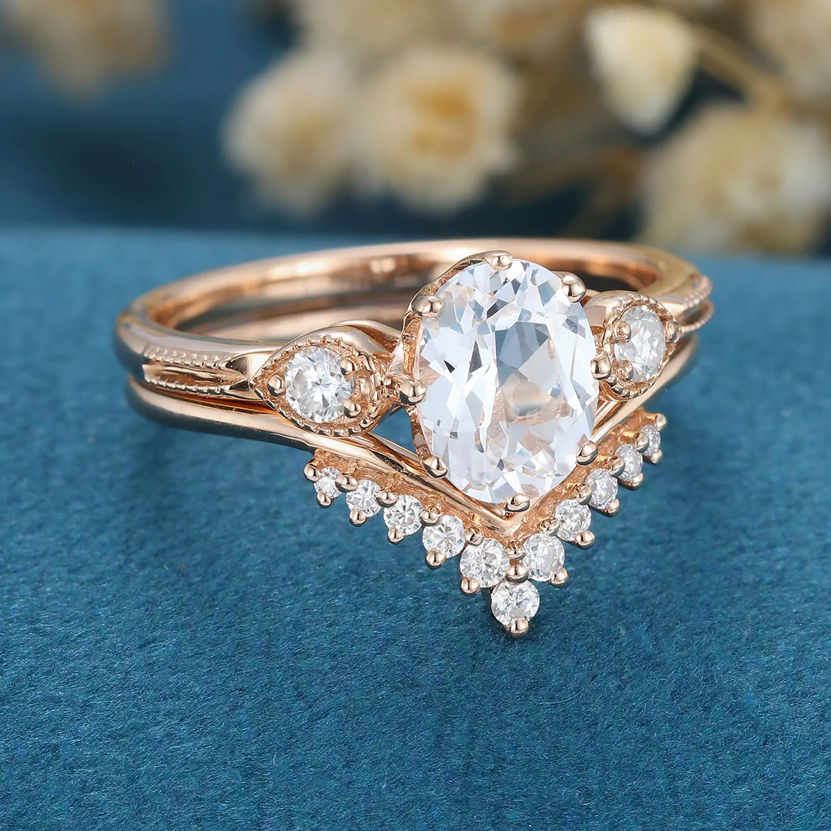 1.4Carat Oval cut Moissanite Cluster Engagement ring Bridal Set - Image 5