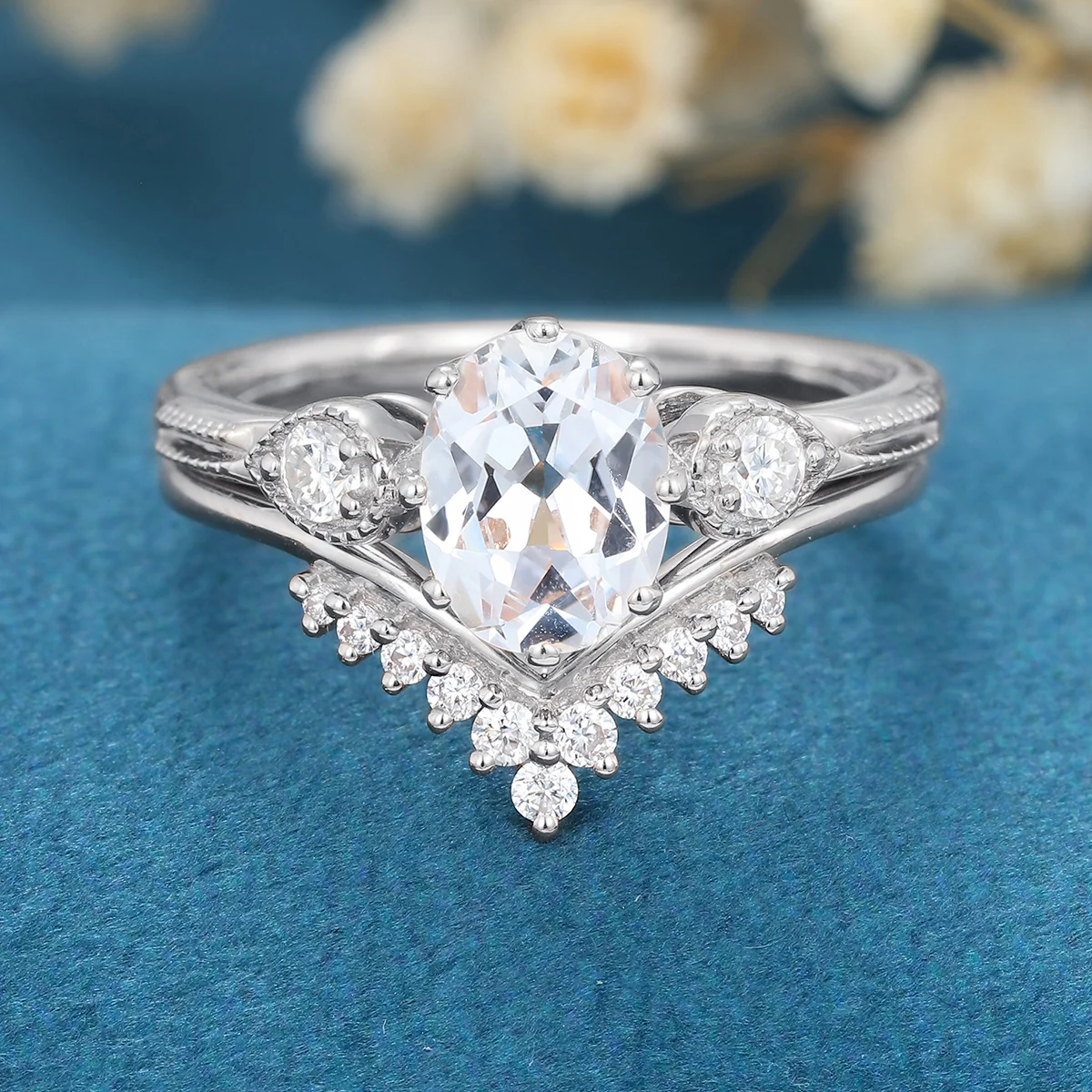 1.4Carat Oval cut Moissanite Cluster Engagement ring Bridal Set - Image 6
