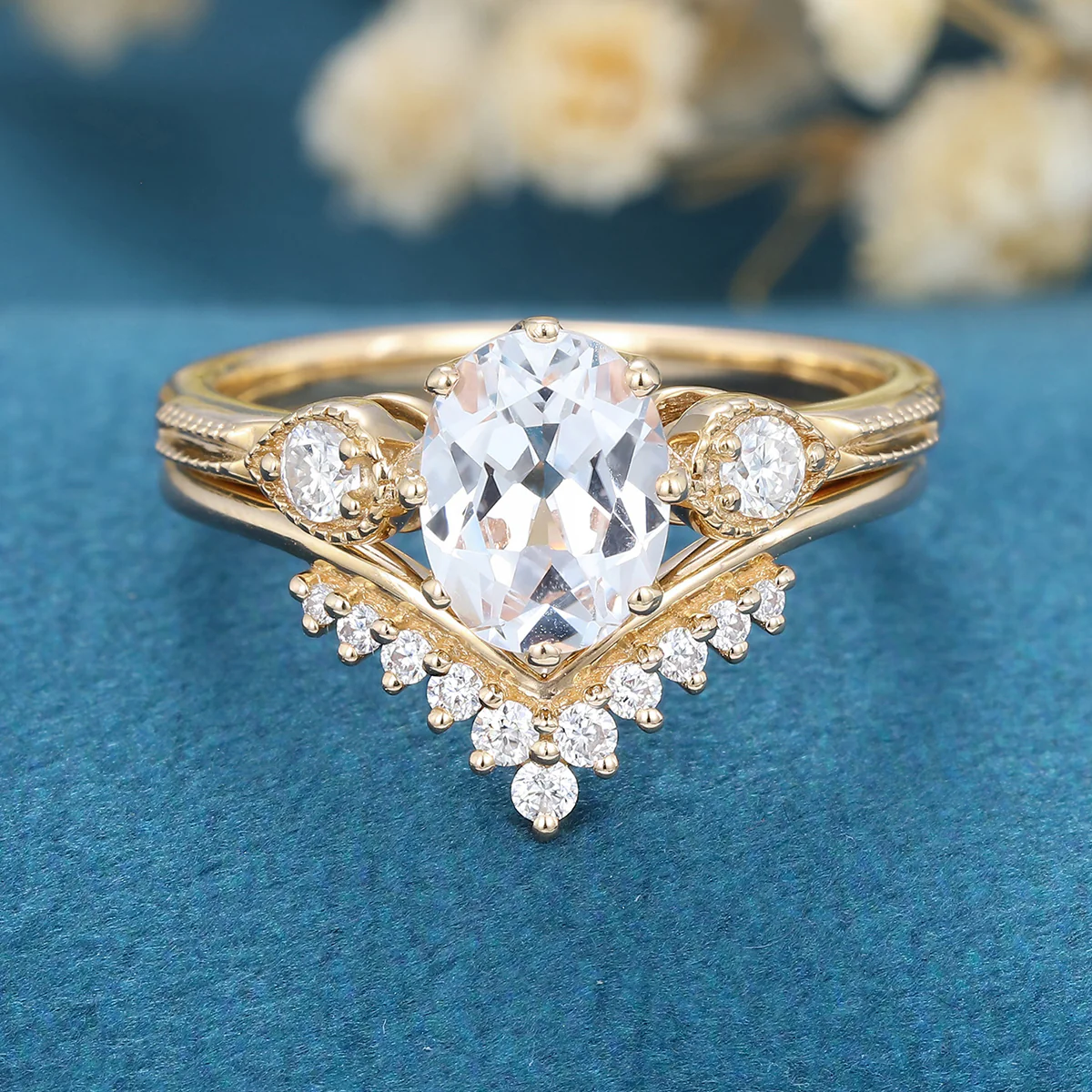 1.4Carat Oval cut Moissanite Cluster Engagement ring Bridal Set - Image 7