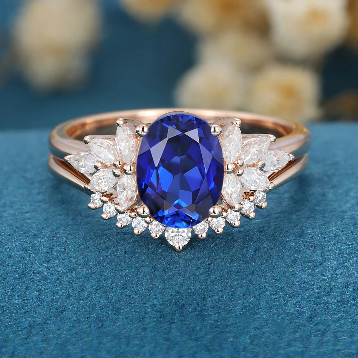 2PCS Oval cut  Sapphire Engagement ring Bridal Set - Image 3