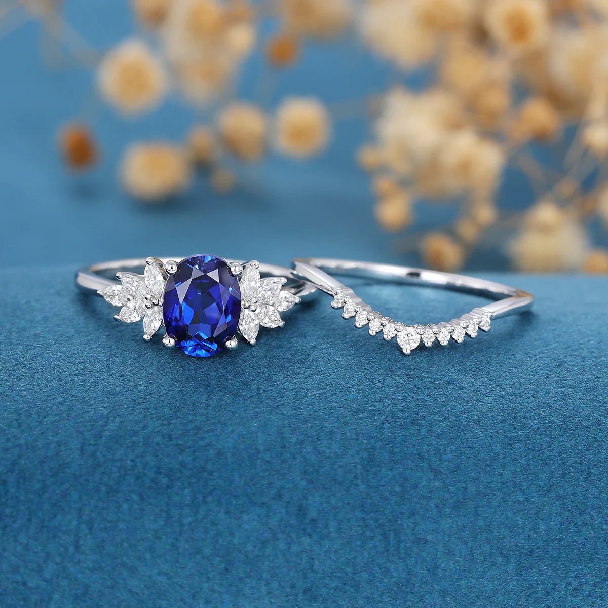 2PCS Oval cut  Sapphire Engagement ring Bridal Set - Image 4