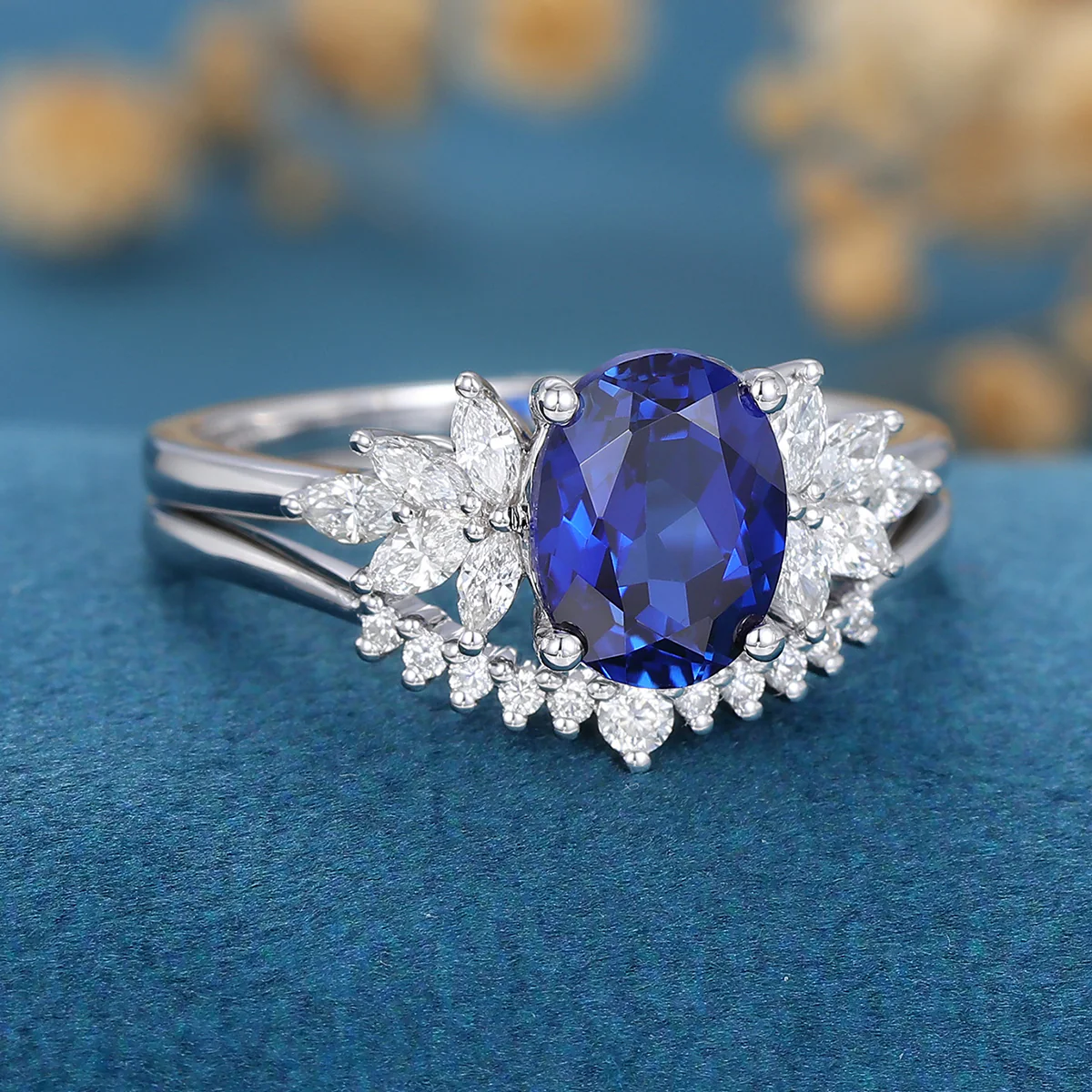 2PCS Oval cut  Sapphire Engagement ring Bridal Set - Image 5