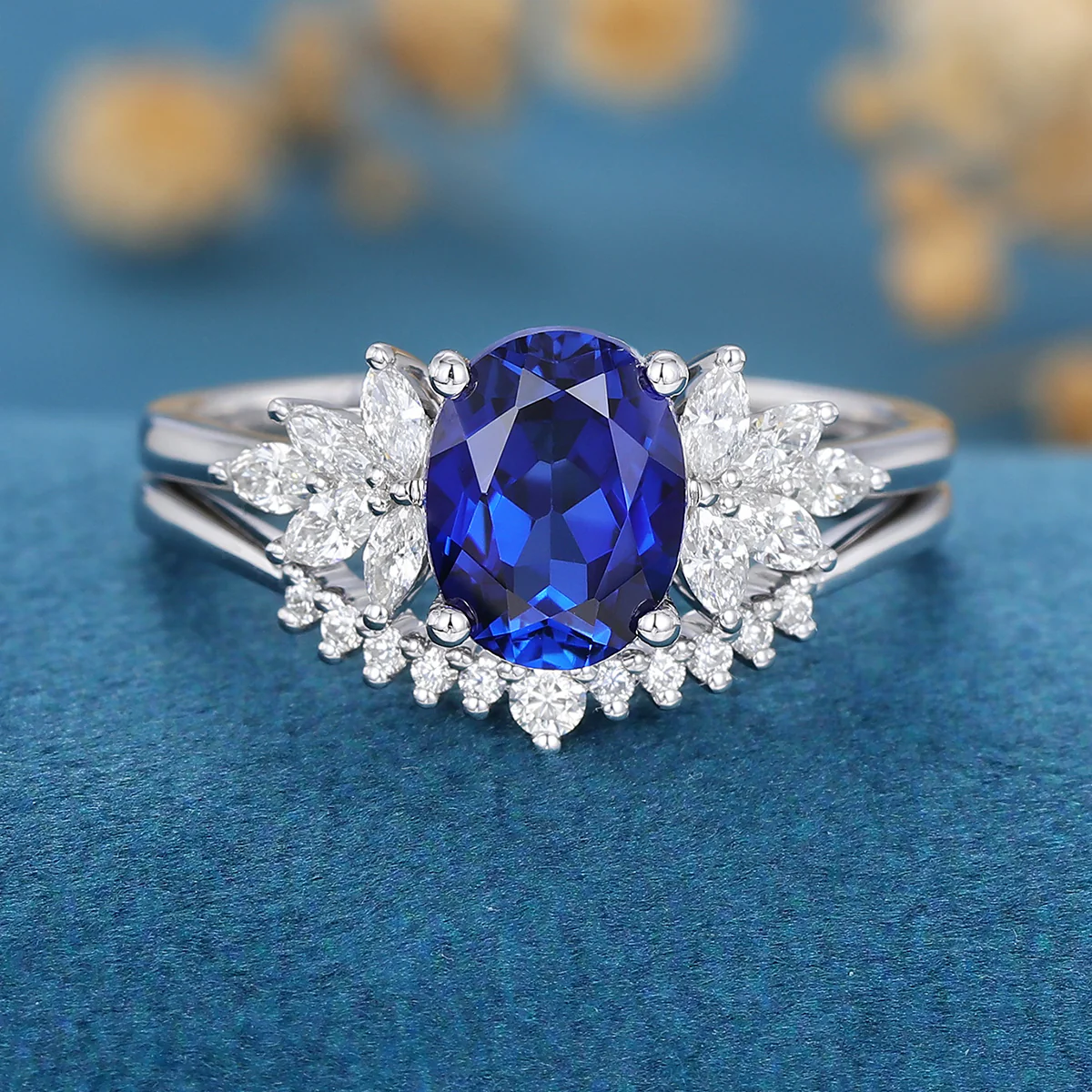 2PCS Oval cut  Sapphire Engagement ring Bridal Set - Image 6