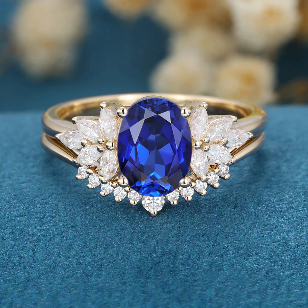 2PCS Oval cut  Sapphire Engagement ring Bridal Set - Image 7