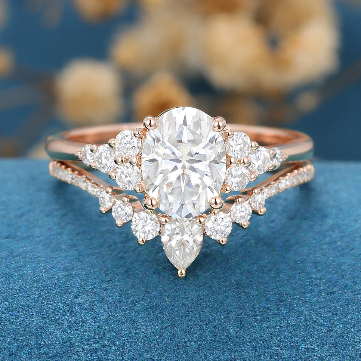 1.5Carat Oval Moissanite Cluster Engagement ring Bridal Set - Image 6