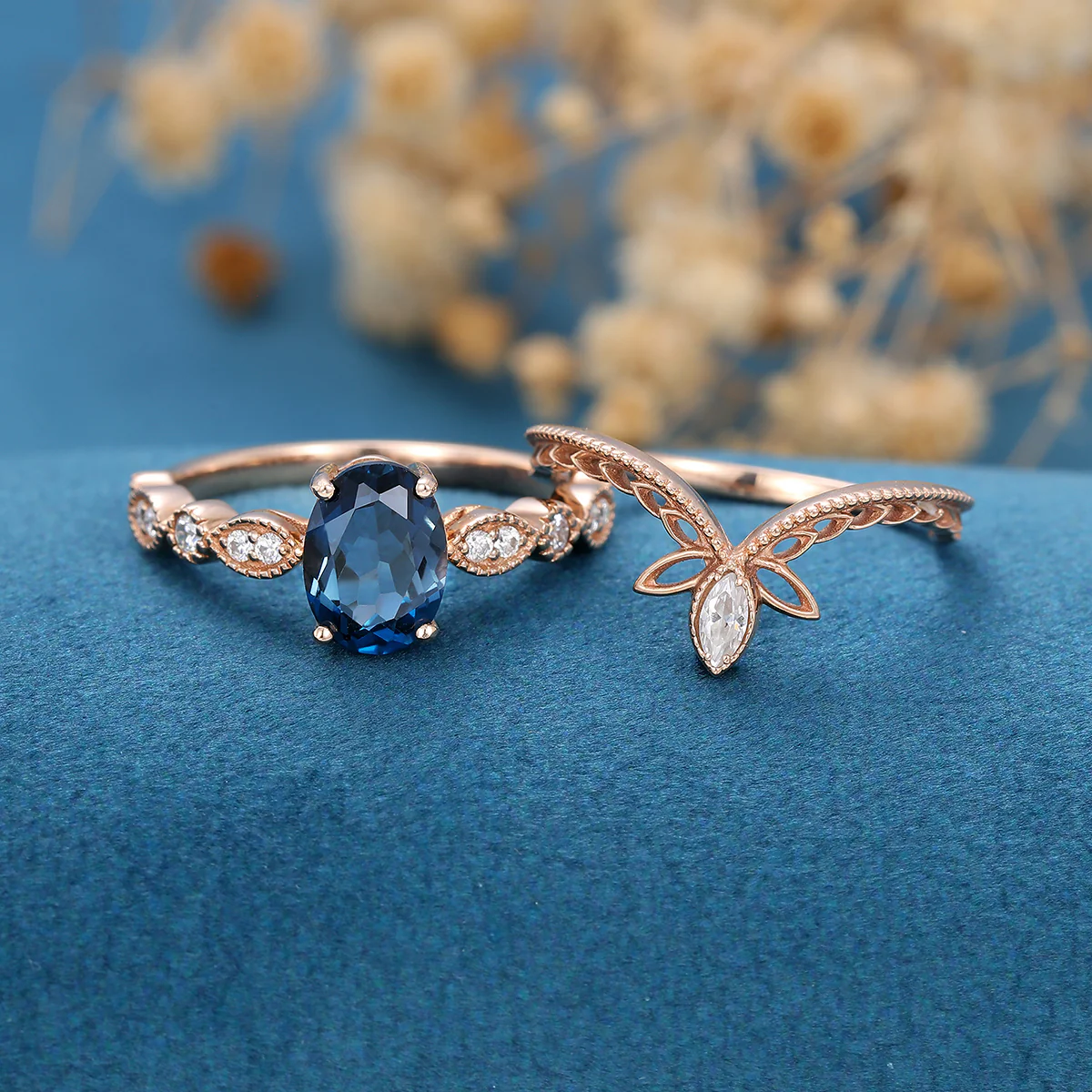 1.6Carat Oval cut London Blue Topaz Engagement ring Bridal Set - Image 3