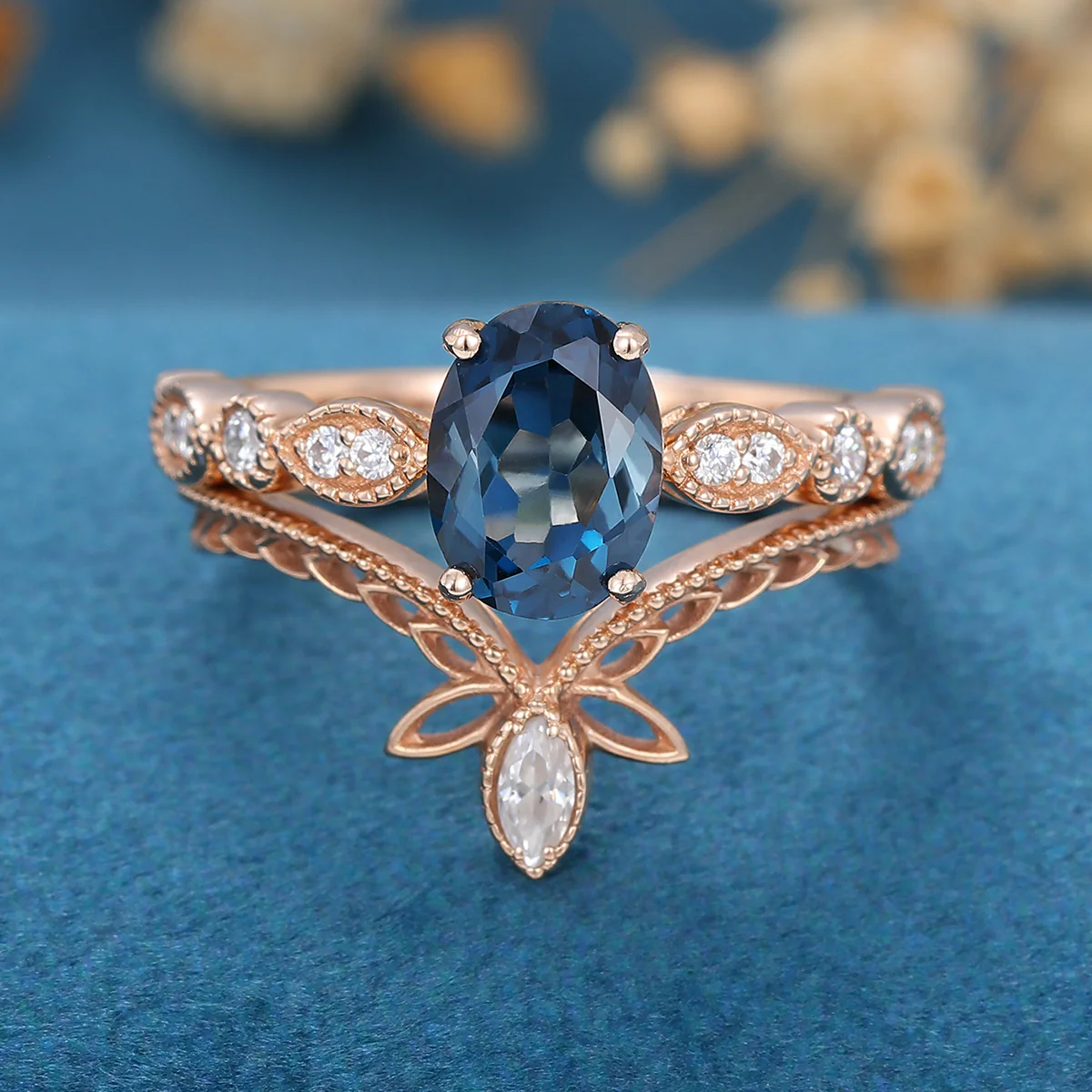 1.6Carat Oval cut London Blue Topaz Engagement ring Bridal Set - Image 4