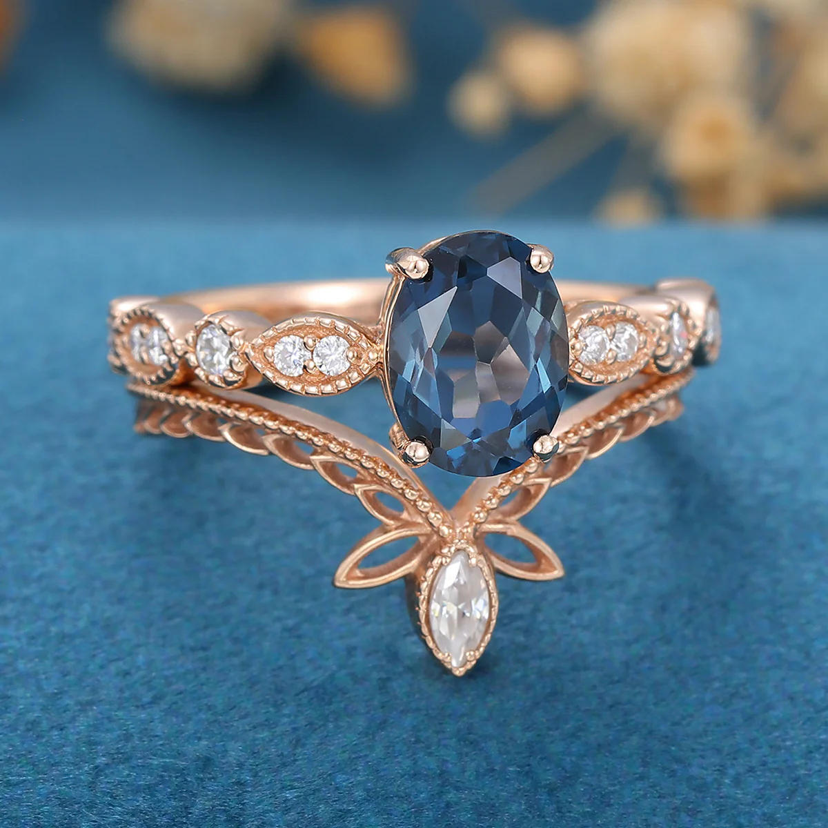 1.6Carat Oval cut London Blue Topaz Engagement ring Bridal Set - Image 5