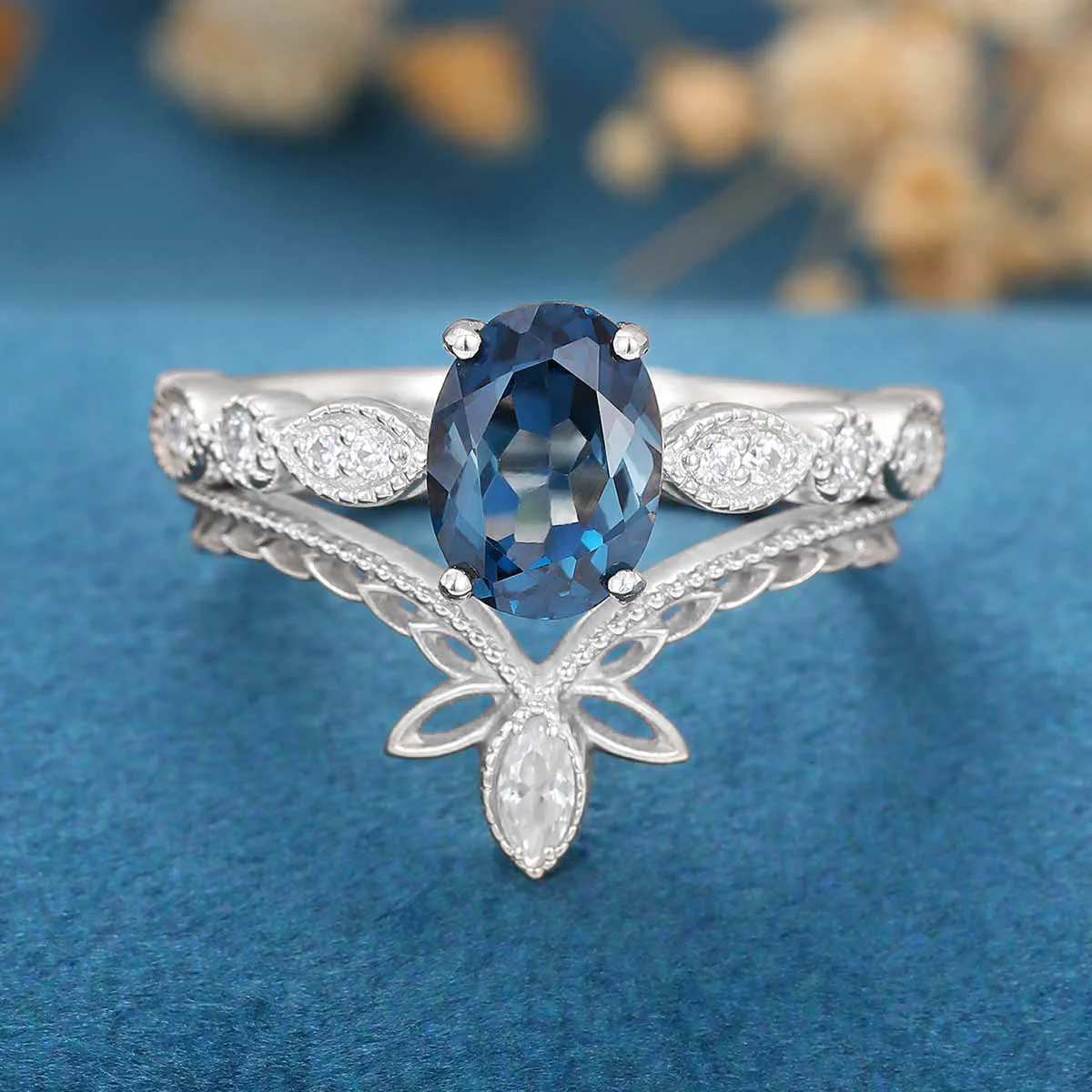 1.6Carat Oval cut London Blue Topaz Engagement ring Bridal Set - Image 6