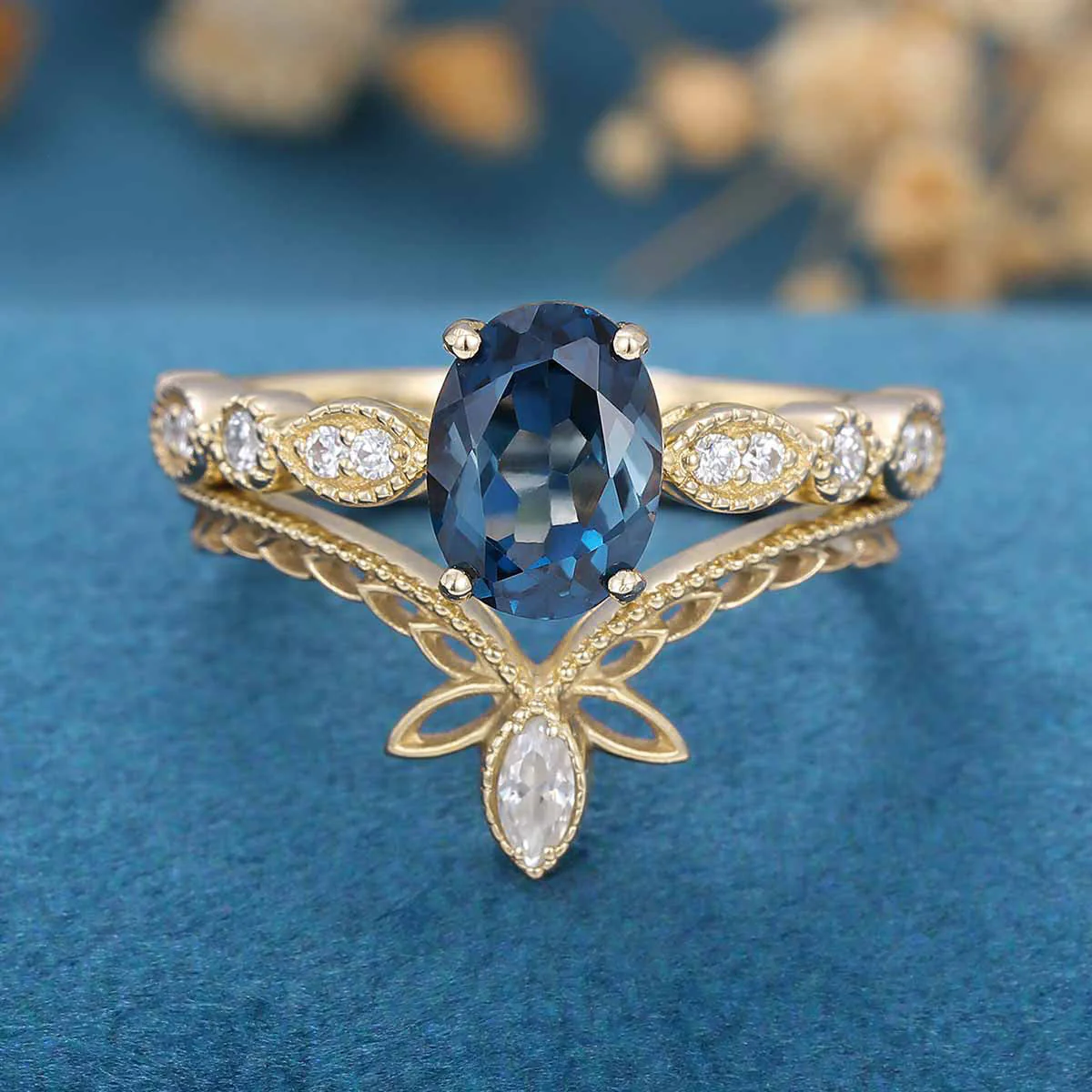 1.6Carat Oval cut London Blue Topaz Engagement ring Bridal Set - Image 7